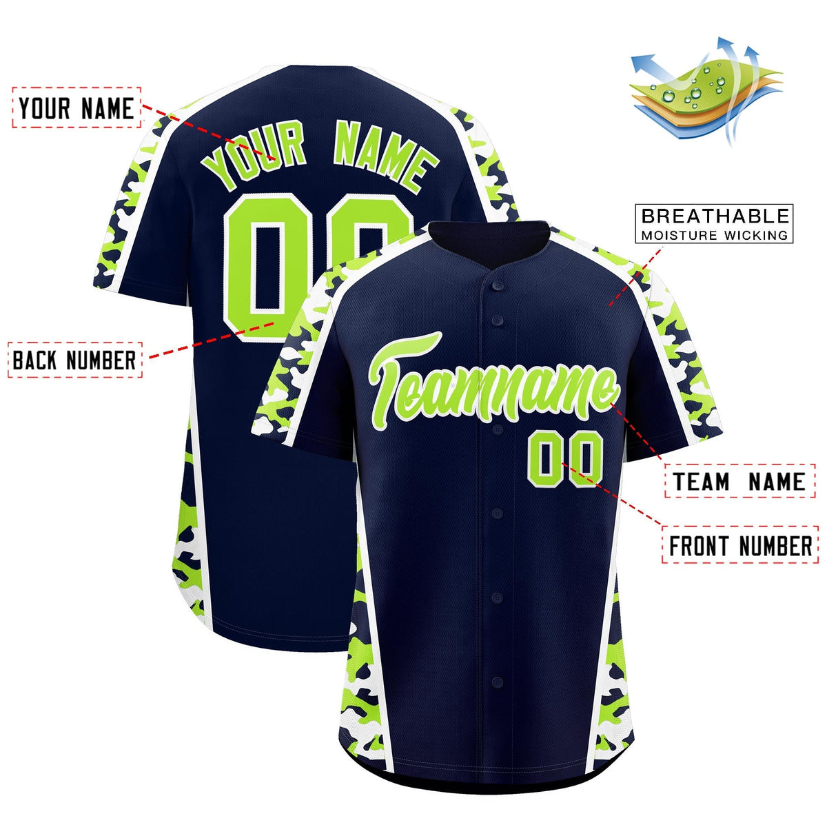 Custom Navy Neon Green Side Camo Style Personalization Baseball Jersey| KXKSHOP