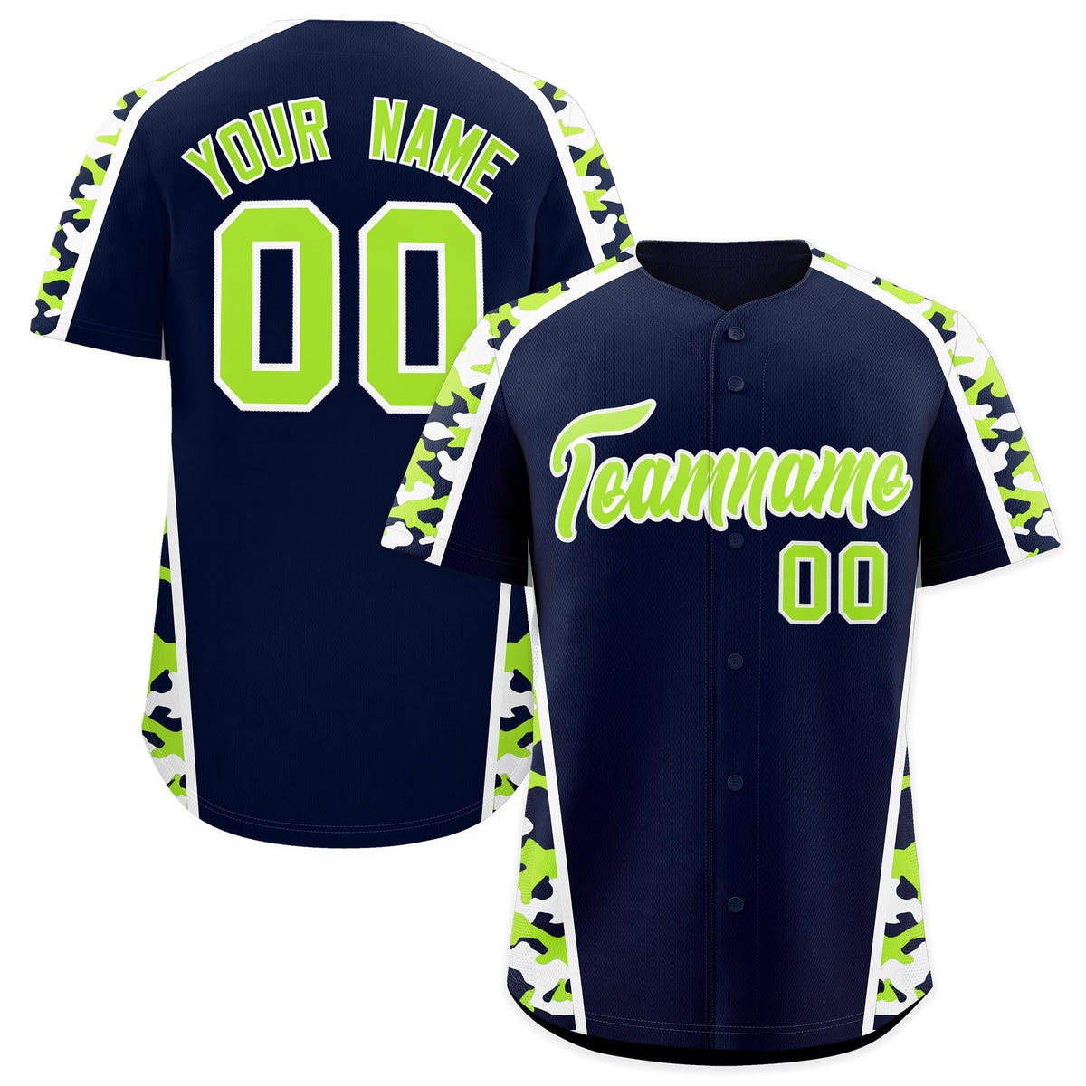 Custom Navy Neon Green Side Camo Style Personalization Baseball Jersey| KXKSHOP