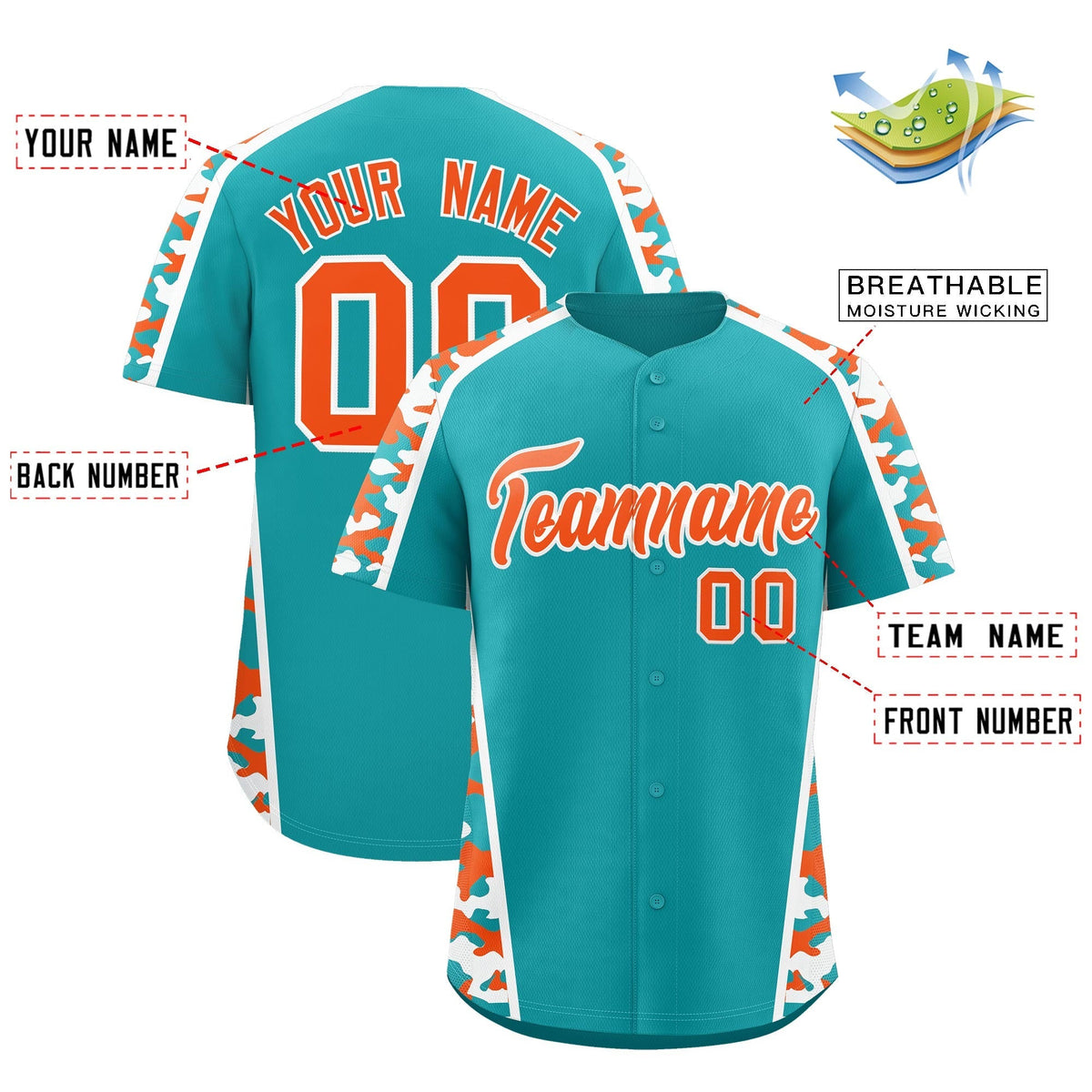 Custom Aqua Orange Side Camo Style Personalization Baseball Jersey| KXKSHOP
