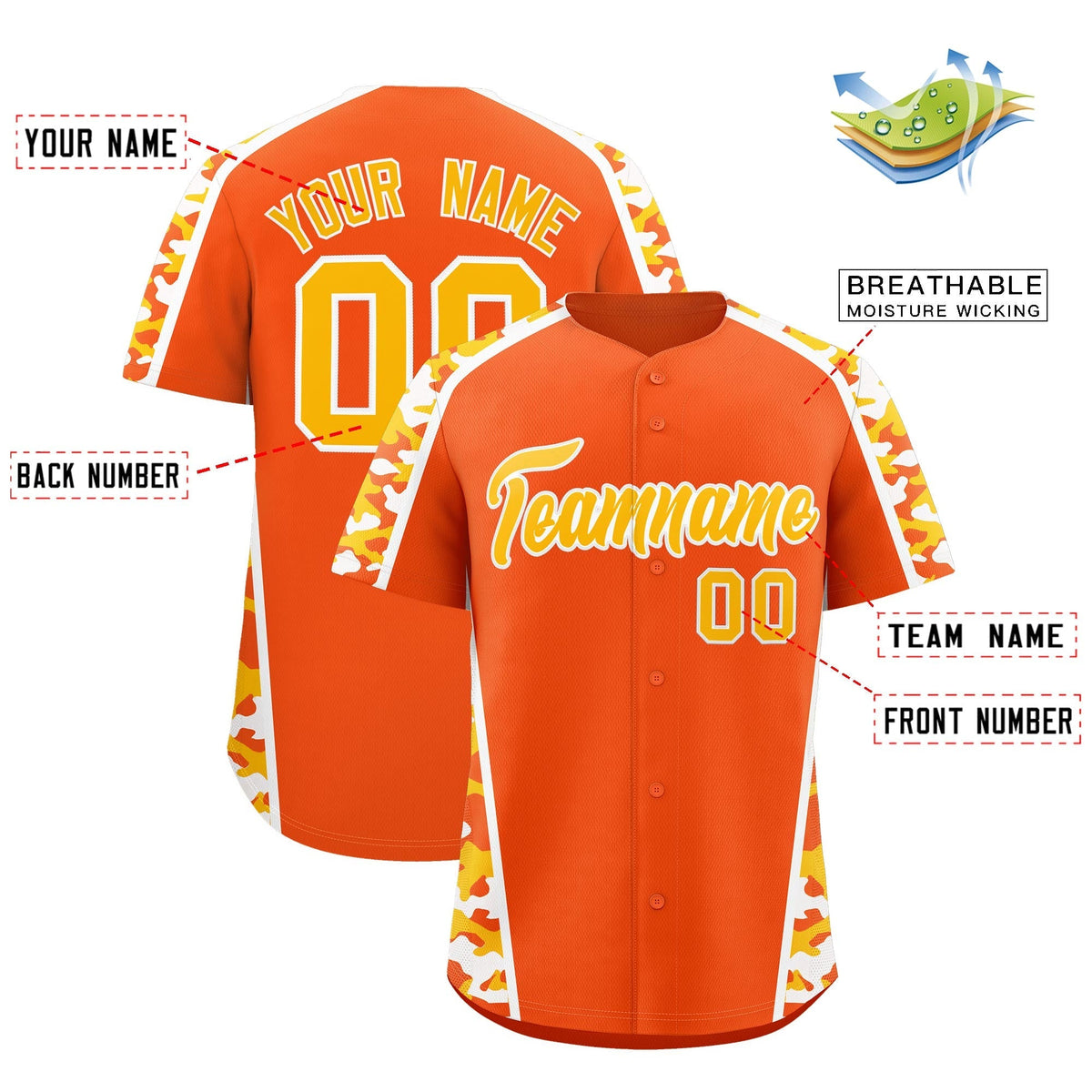 Custom Orange Yellow Side Camo Style Personalization Baseball Jersey| KXKSHOP