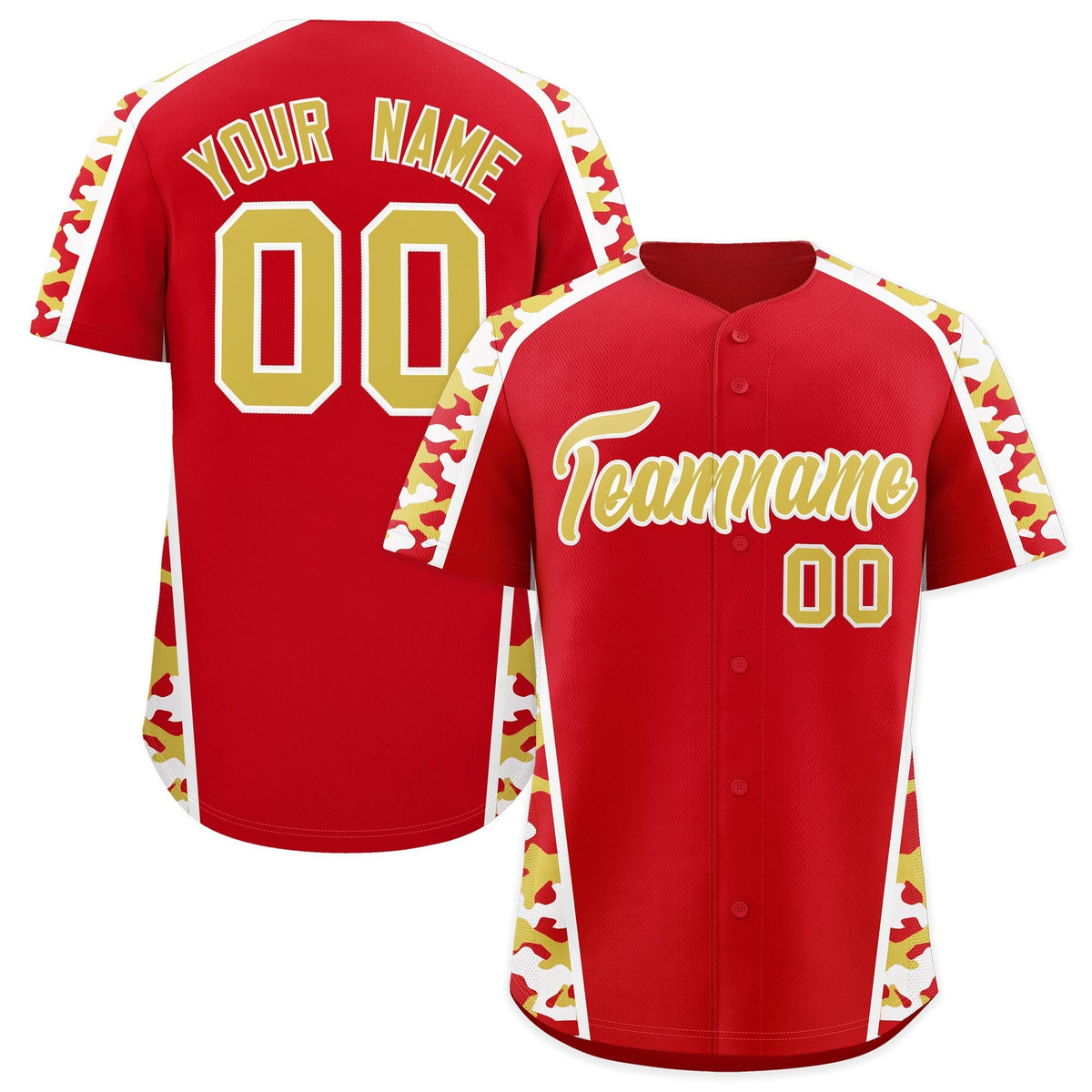 Custom Red Old Gold Side Camo Style Personalization Baseball Jersey| KXKSHOP