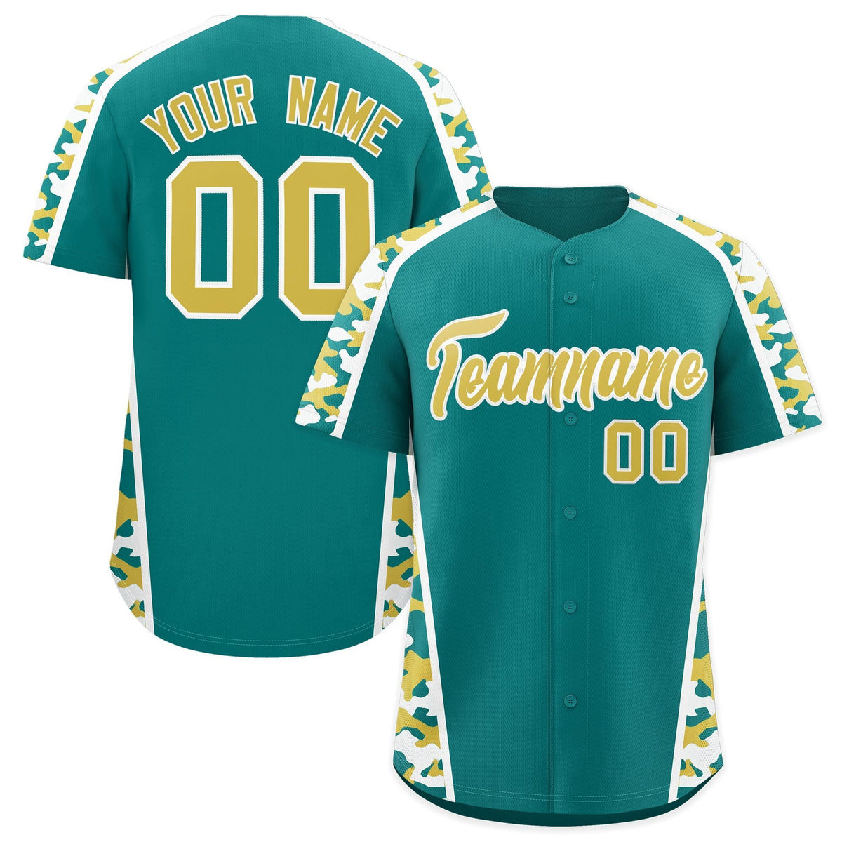 Custom Teal Old Gold Side Camo Style Personalization Baseball Jersey| KXKSHOP