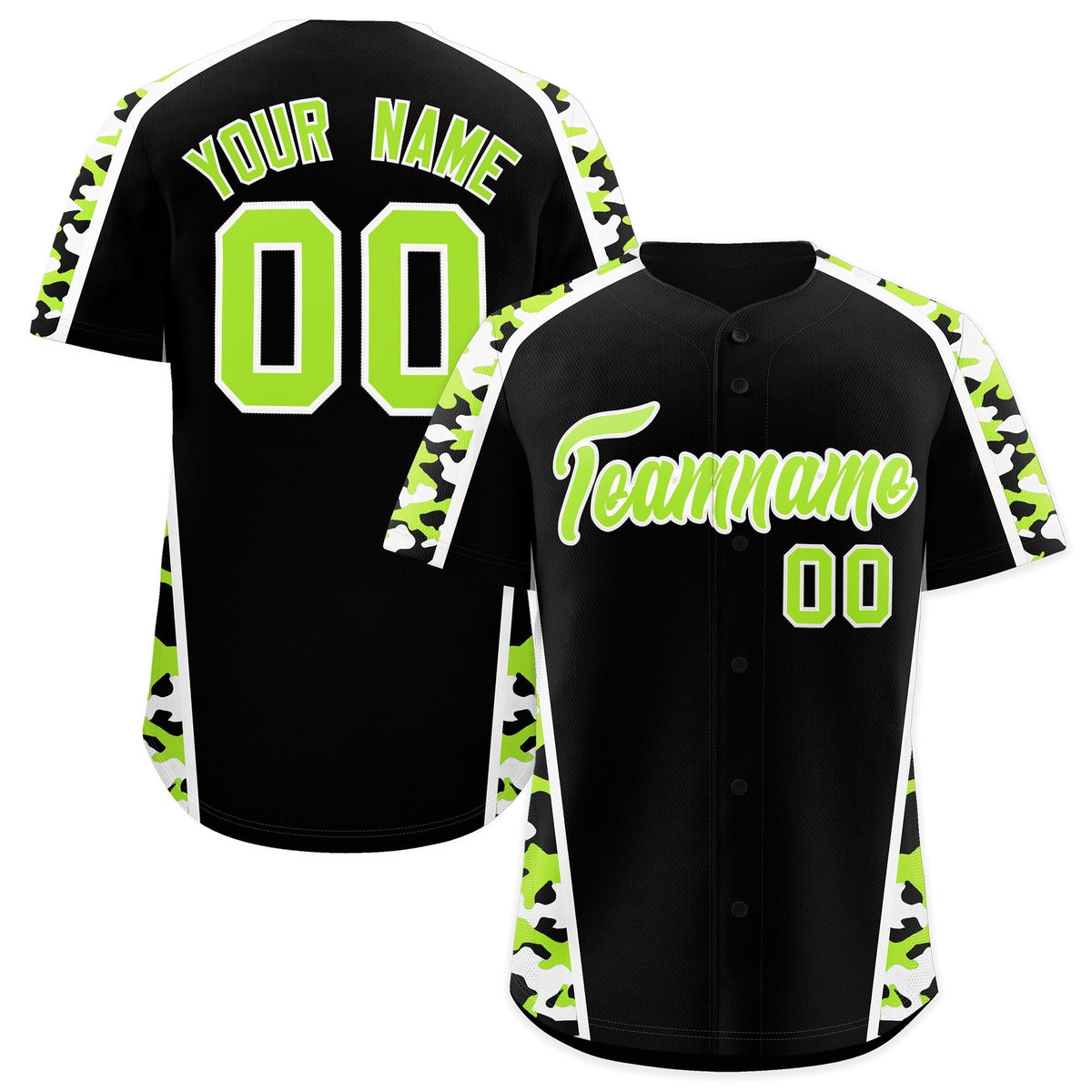 Custom Black Neon Green Side Camo Style Personalization Baseball Jersey| KXKSHOP