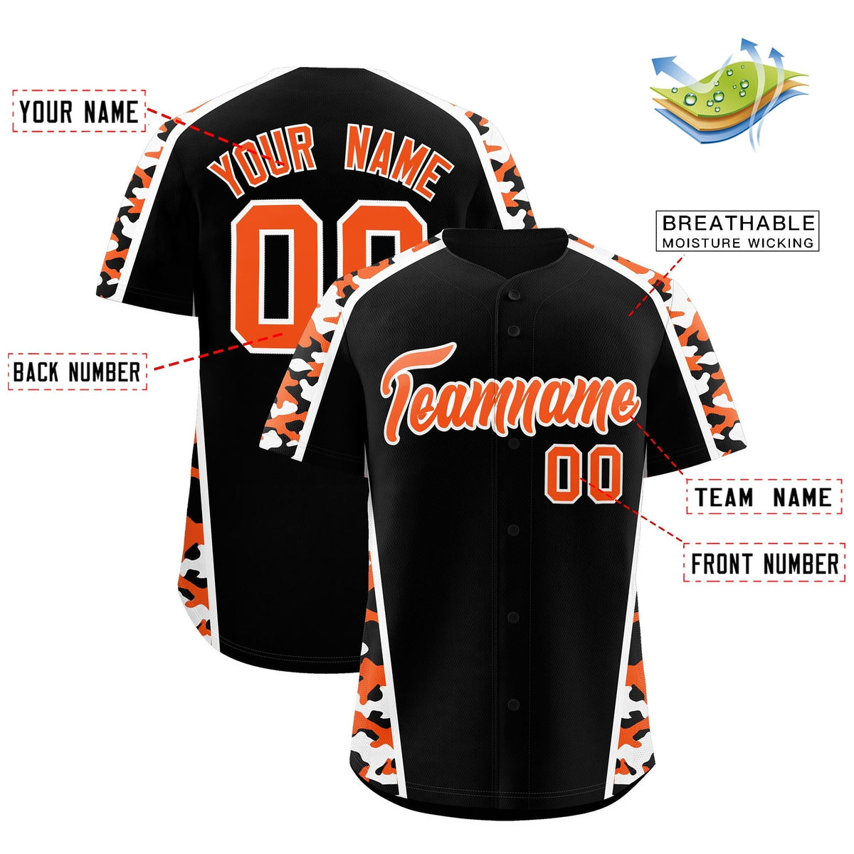 Custom Black Orange Side Camo Style Personalization Baseball Jersey| KXKSHOP