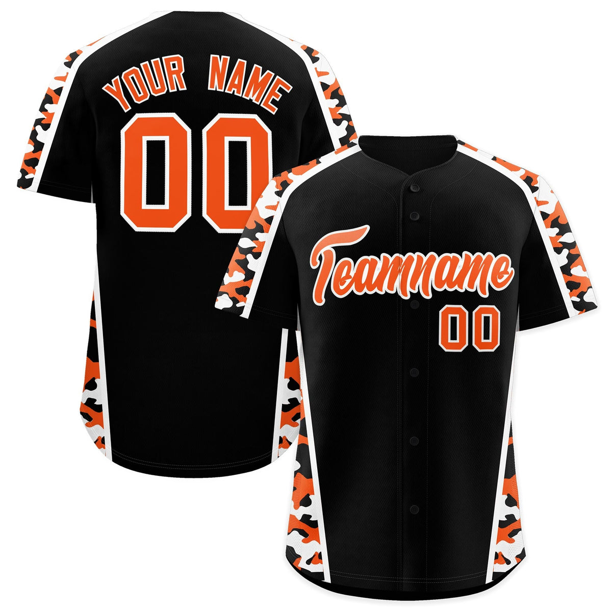 Custom Black Orange Side Camo Style Personalization Baseball Jersey| KXKSHOP