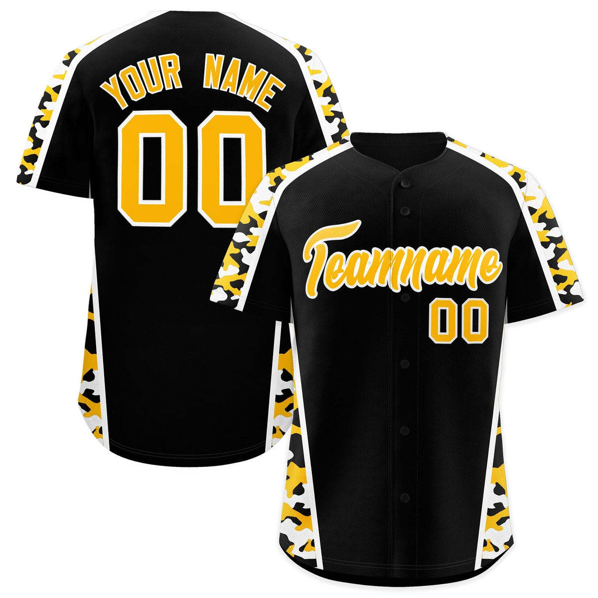 Custom Black Yellow Side Camo Style Personalization Baseball Jersey| KXKSHOP