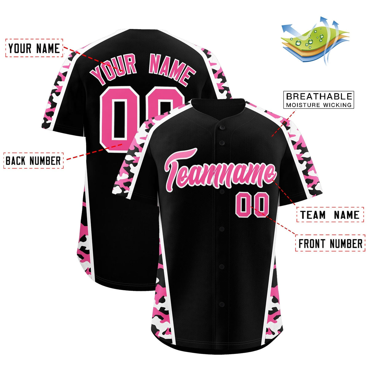Custom Black Pink Side Camo Style Personalization Baseball Jersey| KXKSHOP