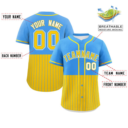 Custom Powder Blue Gold Personalized Half Stripe Design Authentic Baseball Jersey