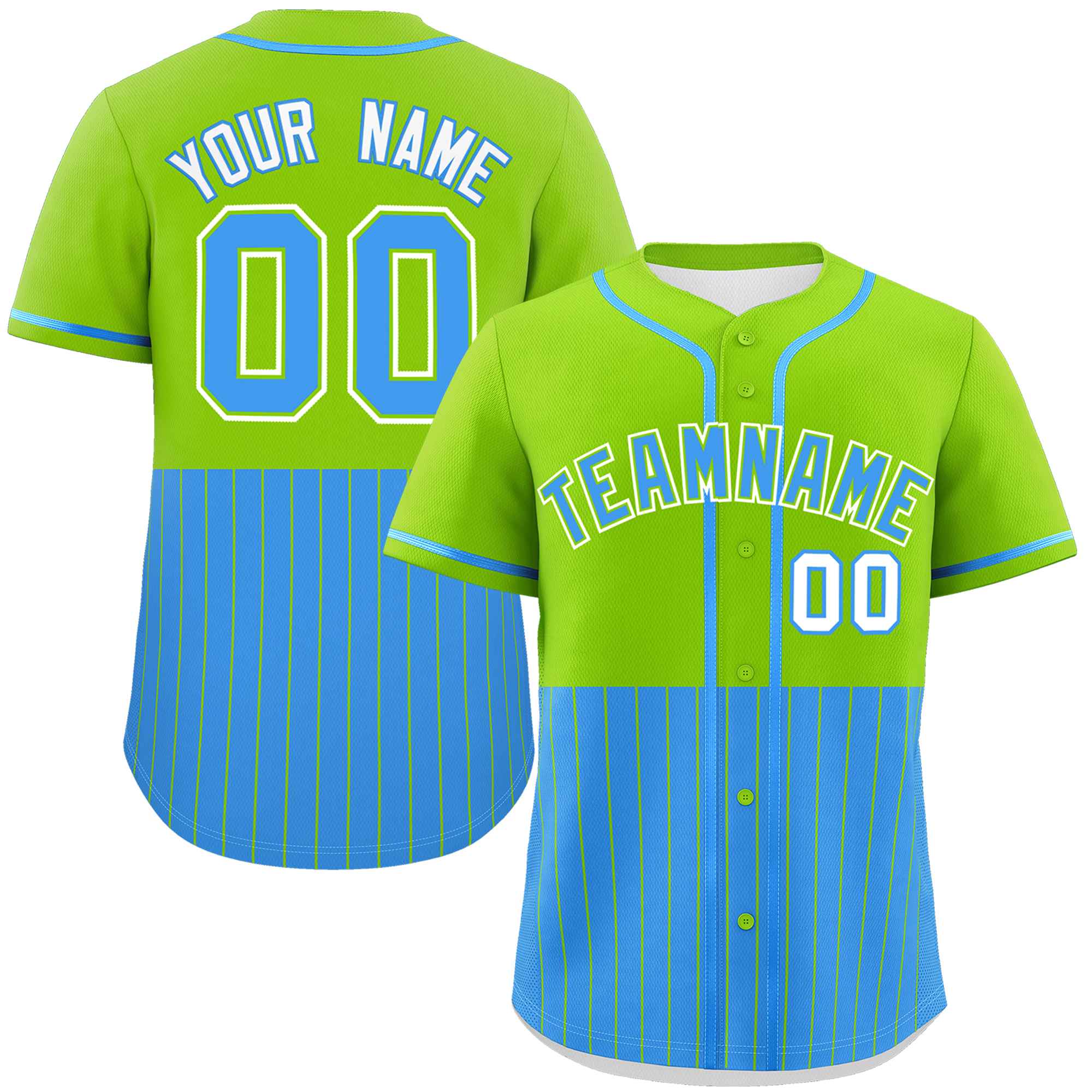 Custom Neon Green Powder Blue Personalized Half Stripe Design Authentic Baseball Jersey