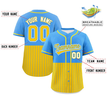 Custom Powder Blue Gold Personalized Half Stripe Design Authentic Baseball Jersey