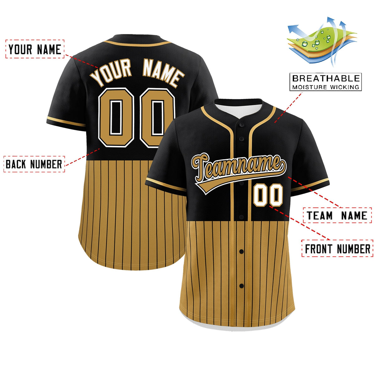 Custom Black Old Gold Personalized Half Stripe Design Authentic Baseball Jersey