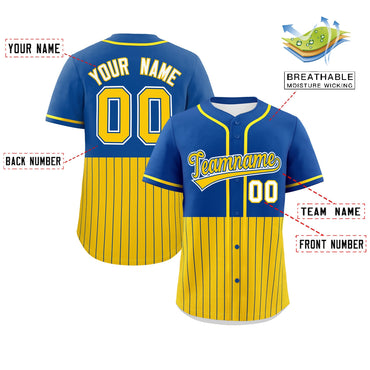 Custom Royal Gold Personalized Half Stripe Design Authentic Baseball Jersey