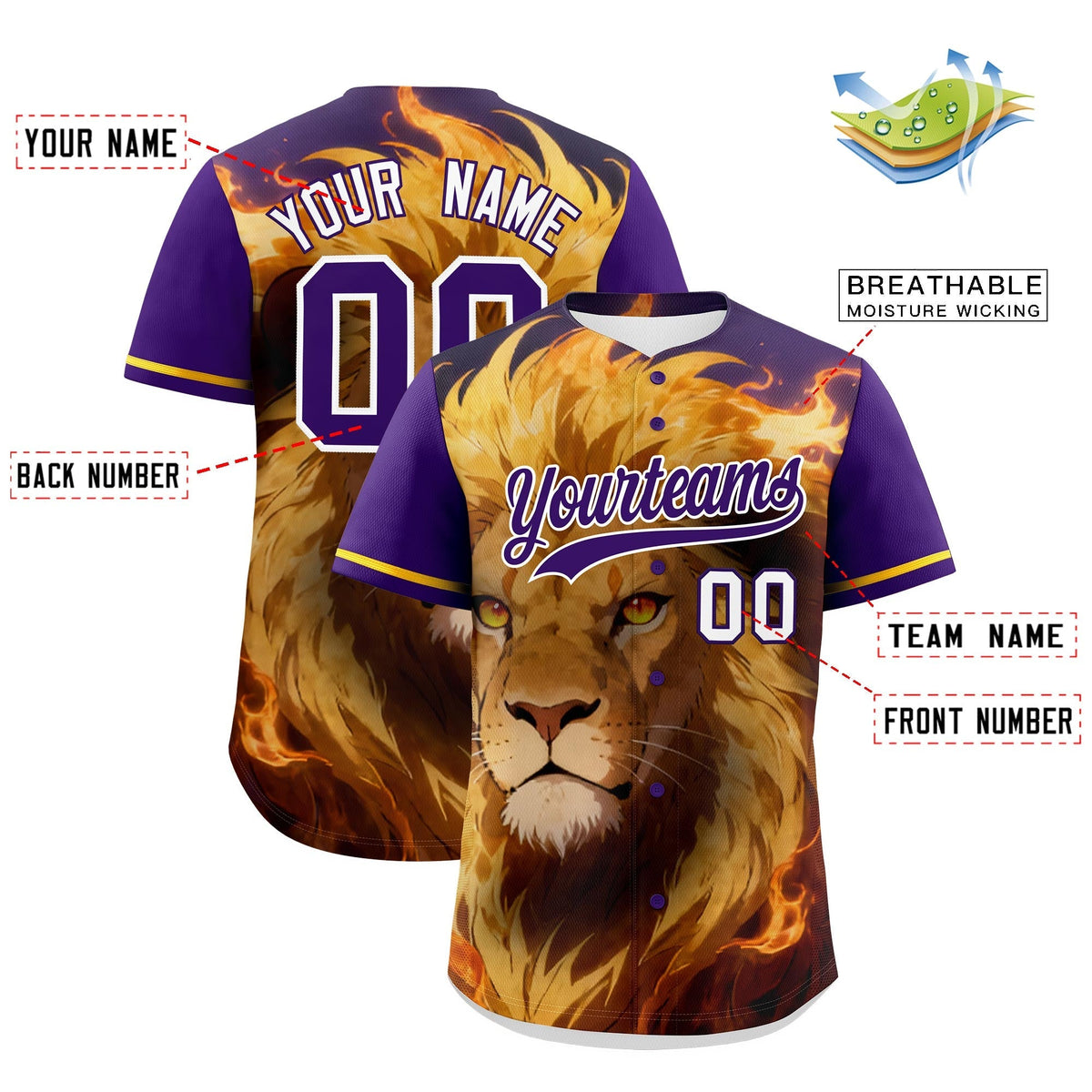 Custom Purple White Gold Lion Animal Series Personalization Graffiti Pattern Baseball Jersey| KXKSHOP