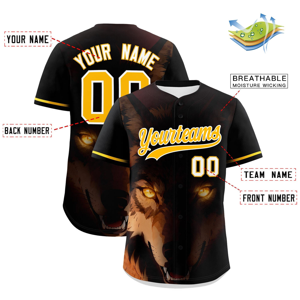 Custom Black Gold White Wolf Animal Series Personalization Graffiti Pattern Baseball Jersey| KXKSHOP