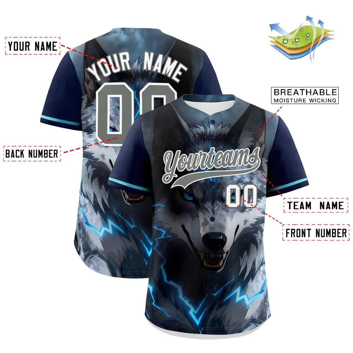 Custom Dark Blue Gray White Wolf Animal Series Personalization Graffiti Pattern Baseball Jersey| KXKSHOP