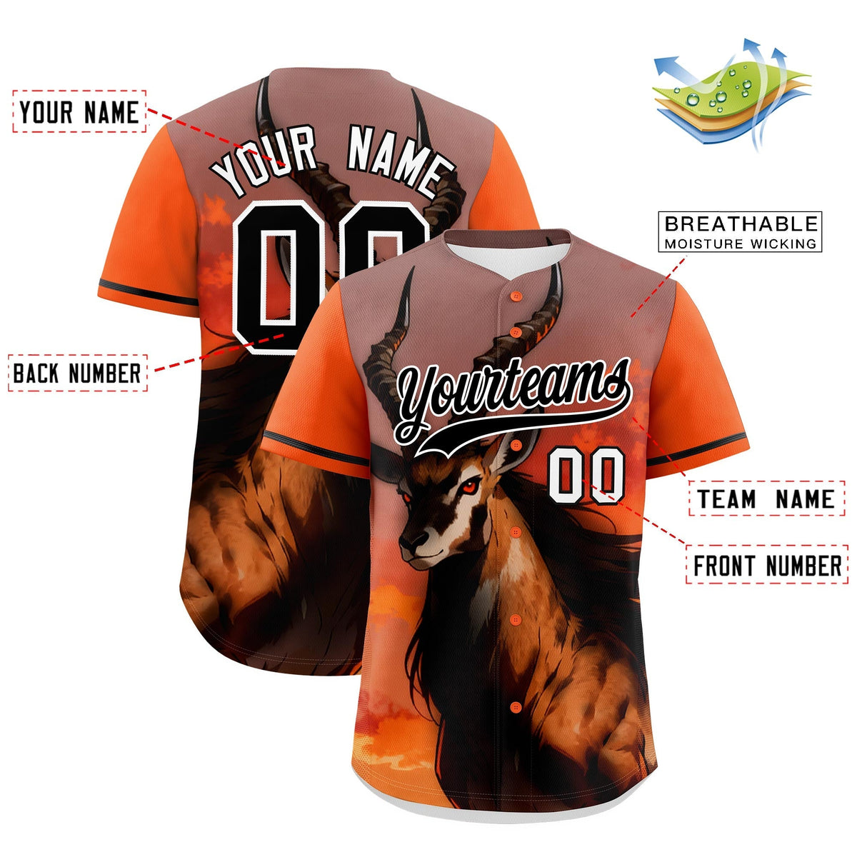 Custom Orange Black White Deer Animal Series Personalization Graffiti Pattern Baseball Jersey| KXKSHOP
