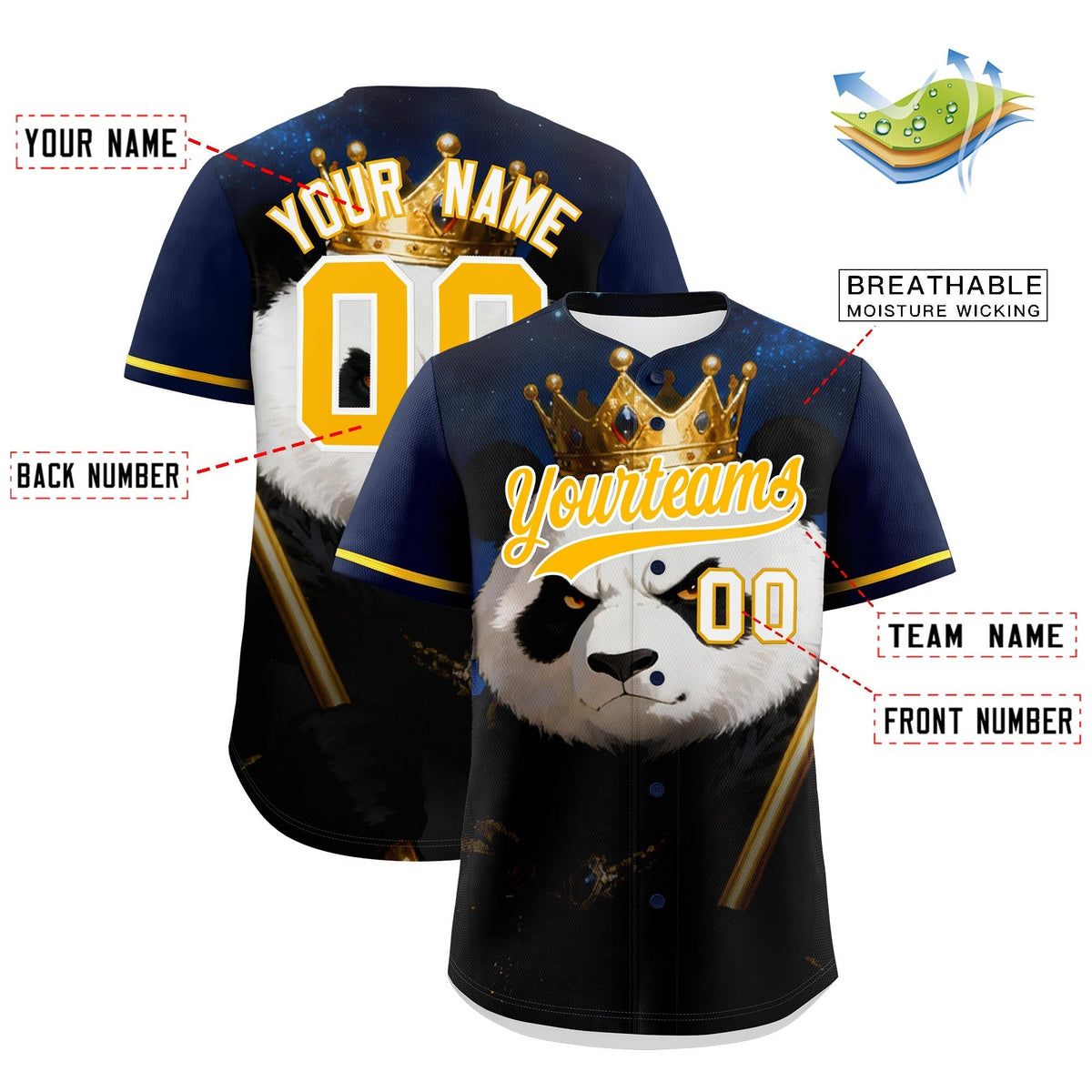 Custom Dark Blue Gold White Panda Animal Series Personalization Graffiti Pattern Baseball Jersey| KXKSHOP
