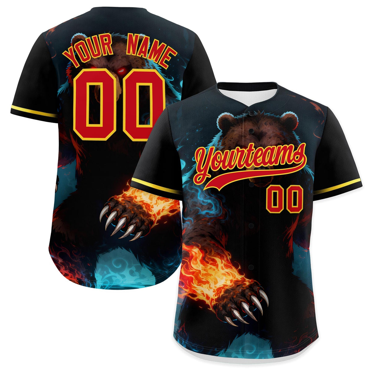 Custom Black Red Gold Bear Animal Series Personalization Graffiti Pattern Baseball Jersey| KXKSHOP