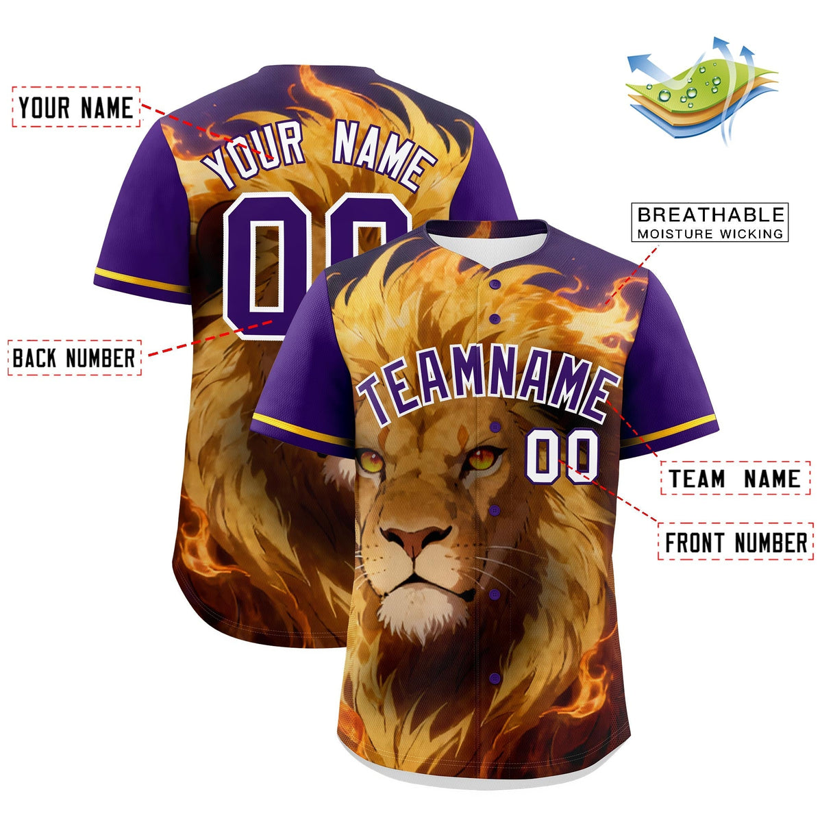Custom Purple White Gold Lion Animal Series Personalization Graffiti Pattern Baseball Jersey| KXKSHOP