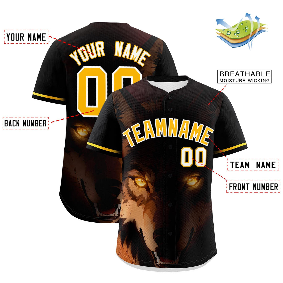 Custom Black Gold White Wolf Animal Series Personalization Graffiti Pattern Baseball Jersey| KXKSHOP