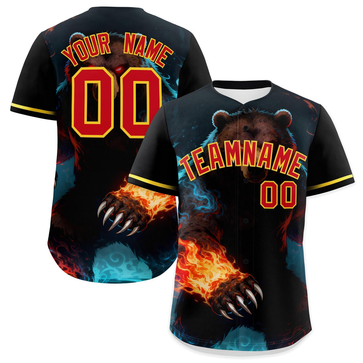 Custom Black Red Gold Bear Animal Series Personalization Graffiti Pattern Baseball Jersey| KXKSHOP