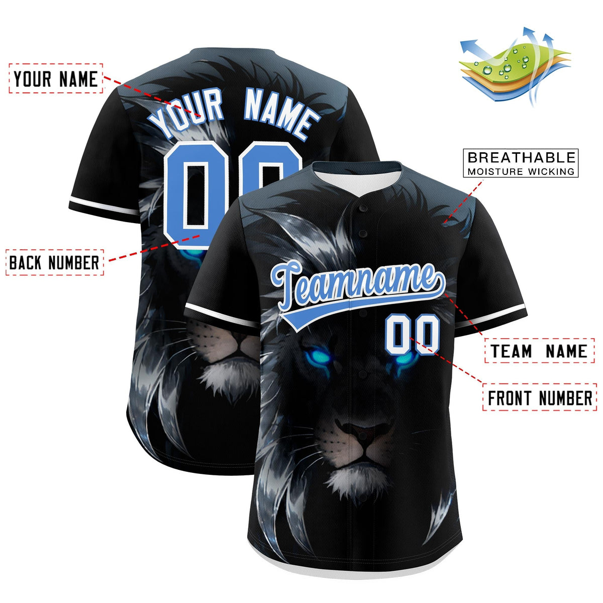 Custom Black Powder Blue White Lion Animal Series Personalization Graffiti Pattern Baseball Jersey| KXKSHOP