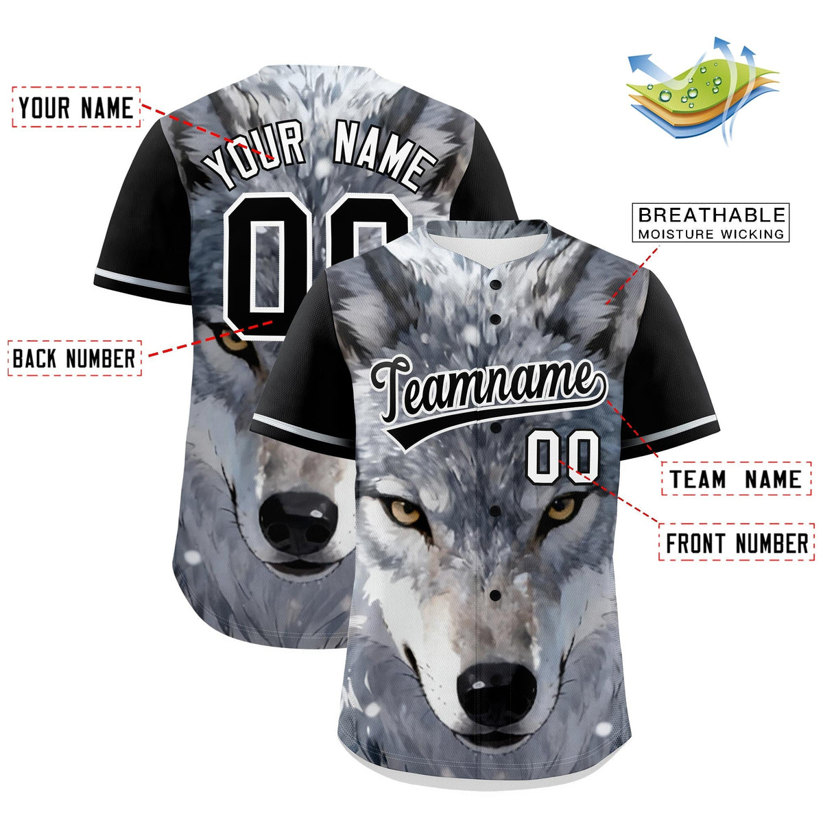 Custom Black White Gray Wolf Animal Series Personalization Graffiti Pattern Baseball Jersey| KXKSHOP