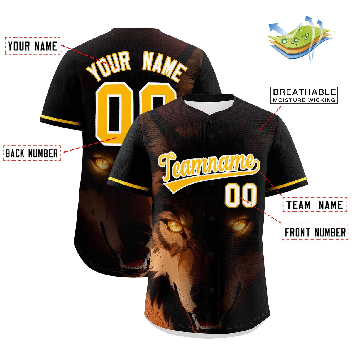 Custom Black Gold White Wolf Animal Series Personalization Graffiti Pattern Baseball Jersey| KXKSHOP