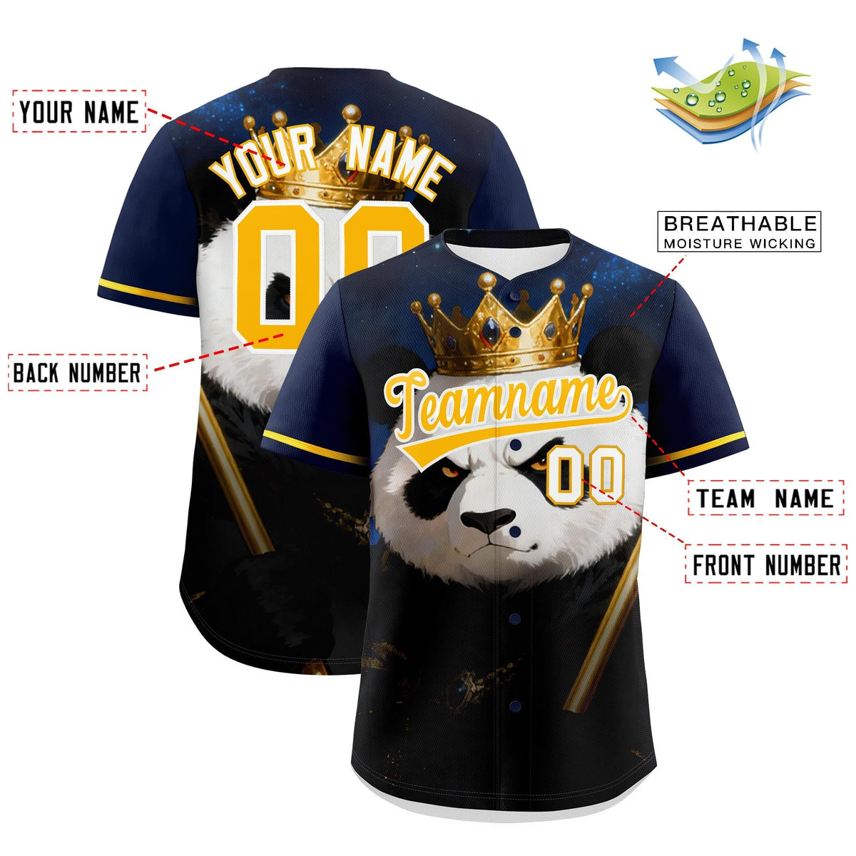 Custom Dark Blue Gold White Panda Animal Series Personalization Graffiti Pattern Baseball Jersey| KXKSHOP