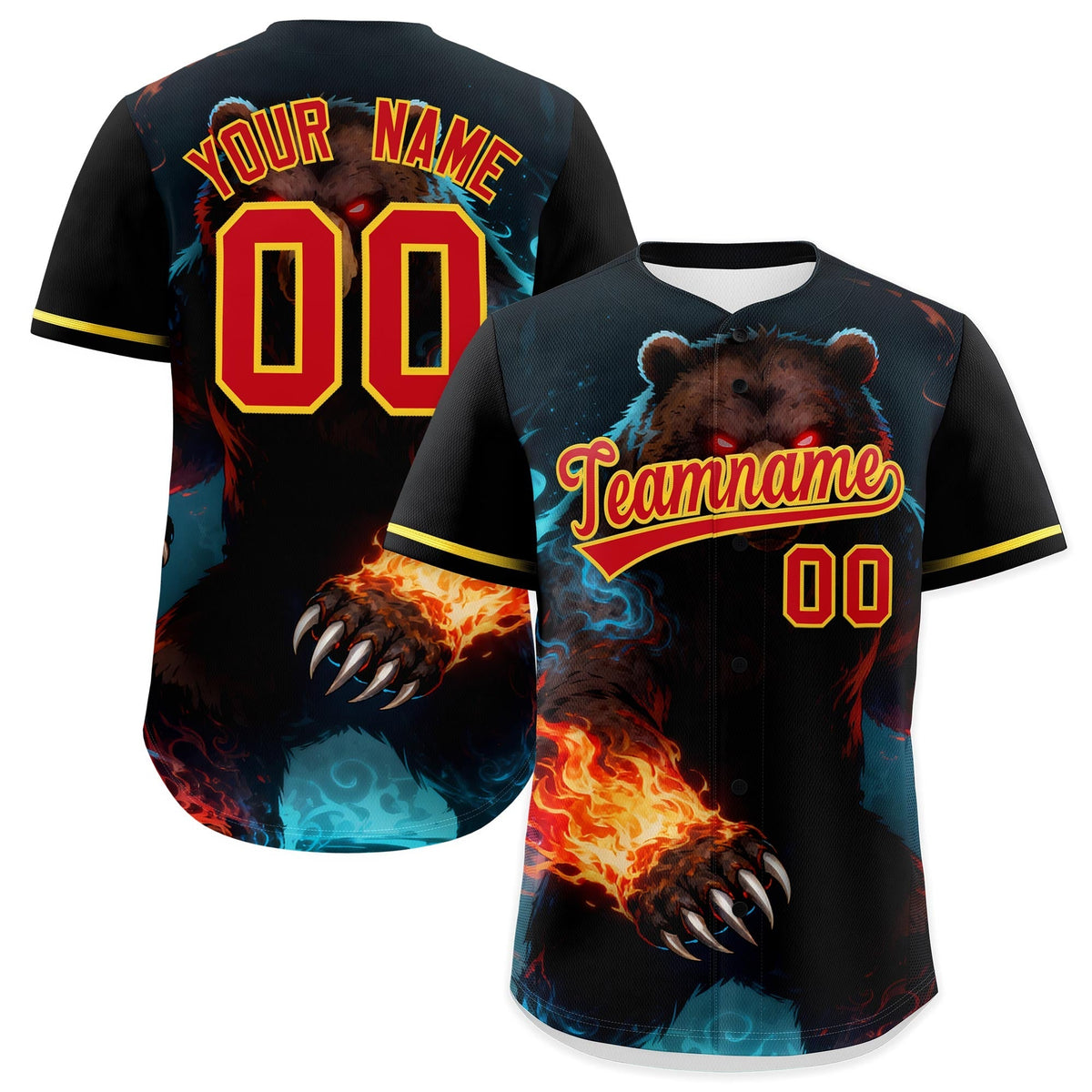 Custom Black Red Gold Bear Animal Series Personalization Graffiti Pattern Baseball Jersey| KXKSHOP