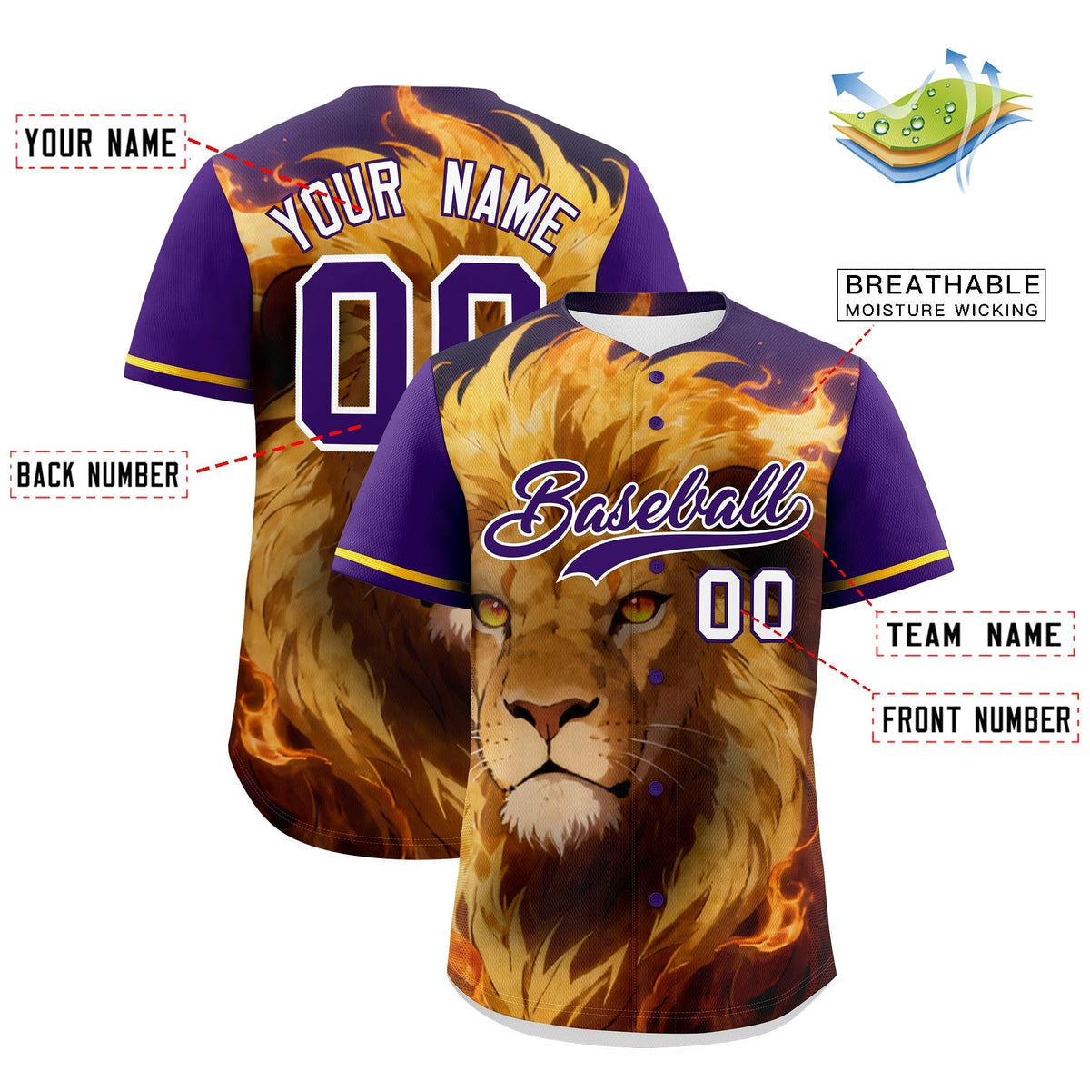 Custom Purple White Gold Lion Animal Series Personalization Graffiti Pattern Baseball Jersey| KXKSHOP
