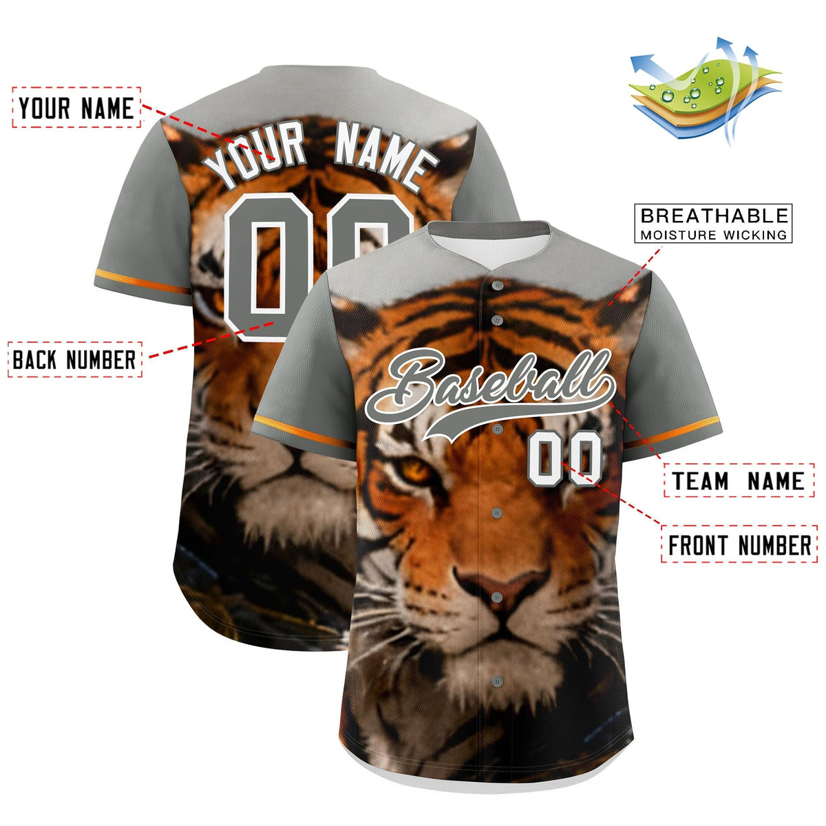 Custom Gray White Tiger Animal Series Personalization Graffiti Pattern Baseball Jersey| KXKSHOP
