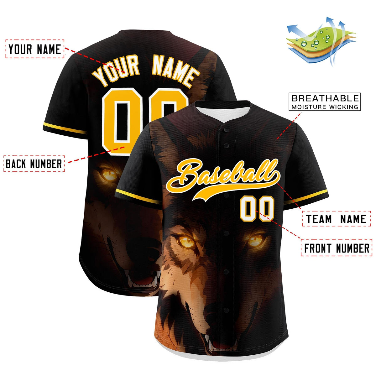 Custom Black Gold White Wolf Animal Series Personalization Graffiti Pattern Baseball Jersey| KXKSHOP