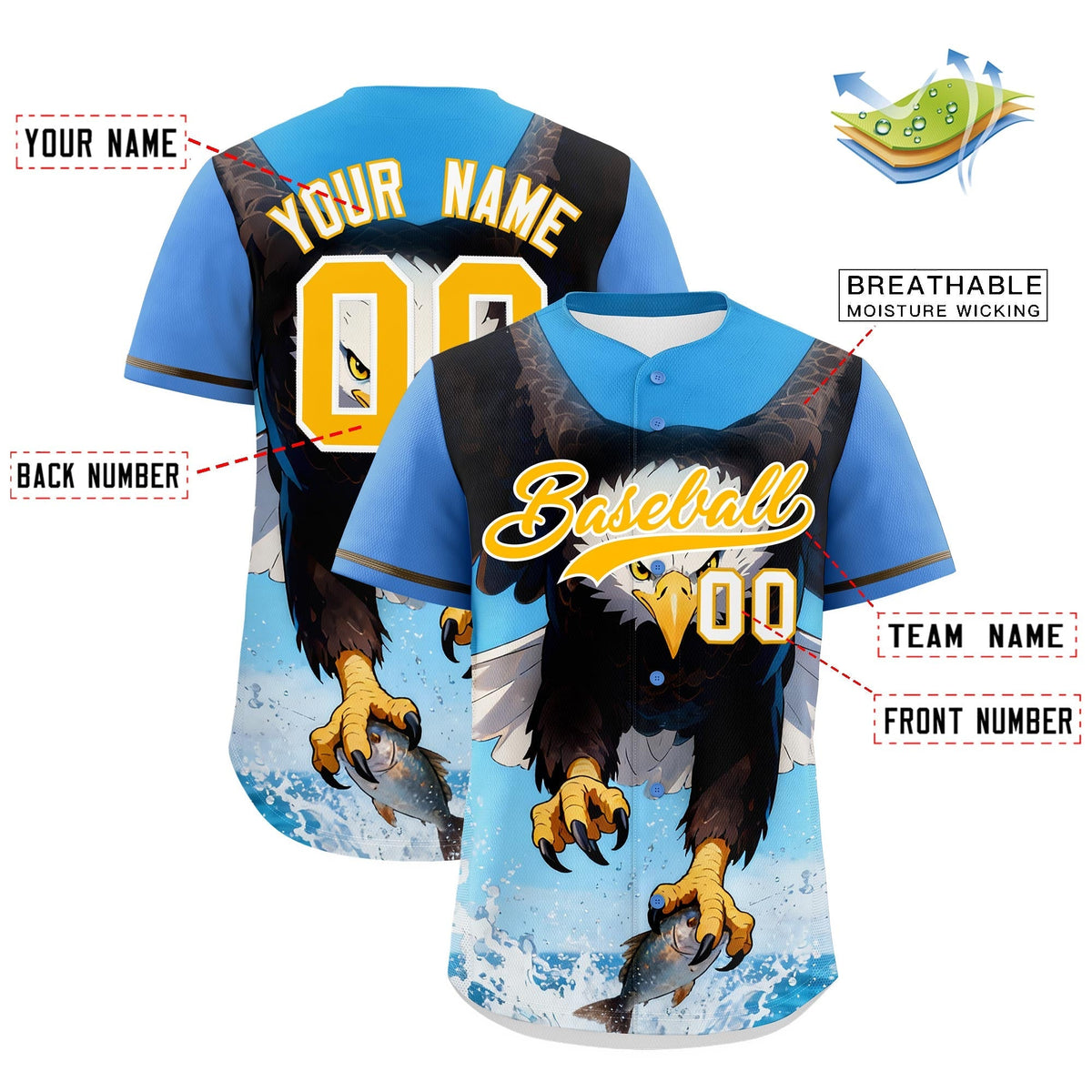 Custom Powder Blue Yellow White Eagle Animal Series Personalization Graffiti Pattern Baseball Jersey| KXKSHOP