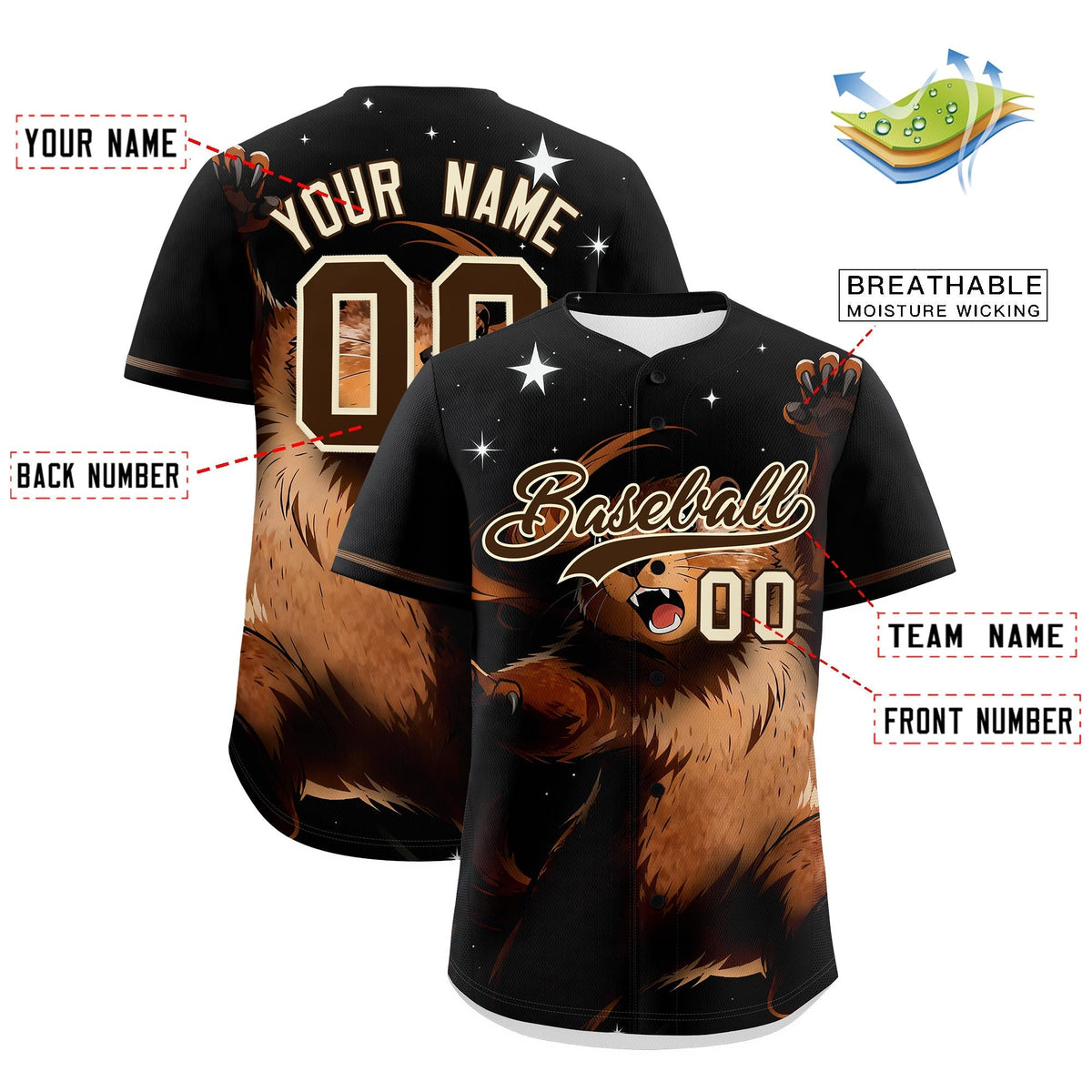 Custom Black Brown Cream Animal Series Personalization Graffiti Pattern Baseball Jersey| KXKSHOP