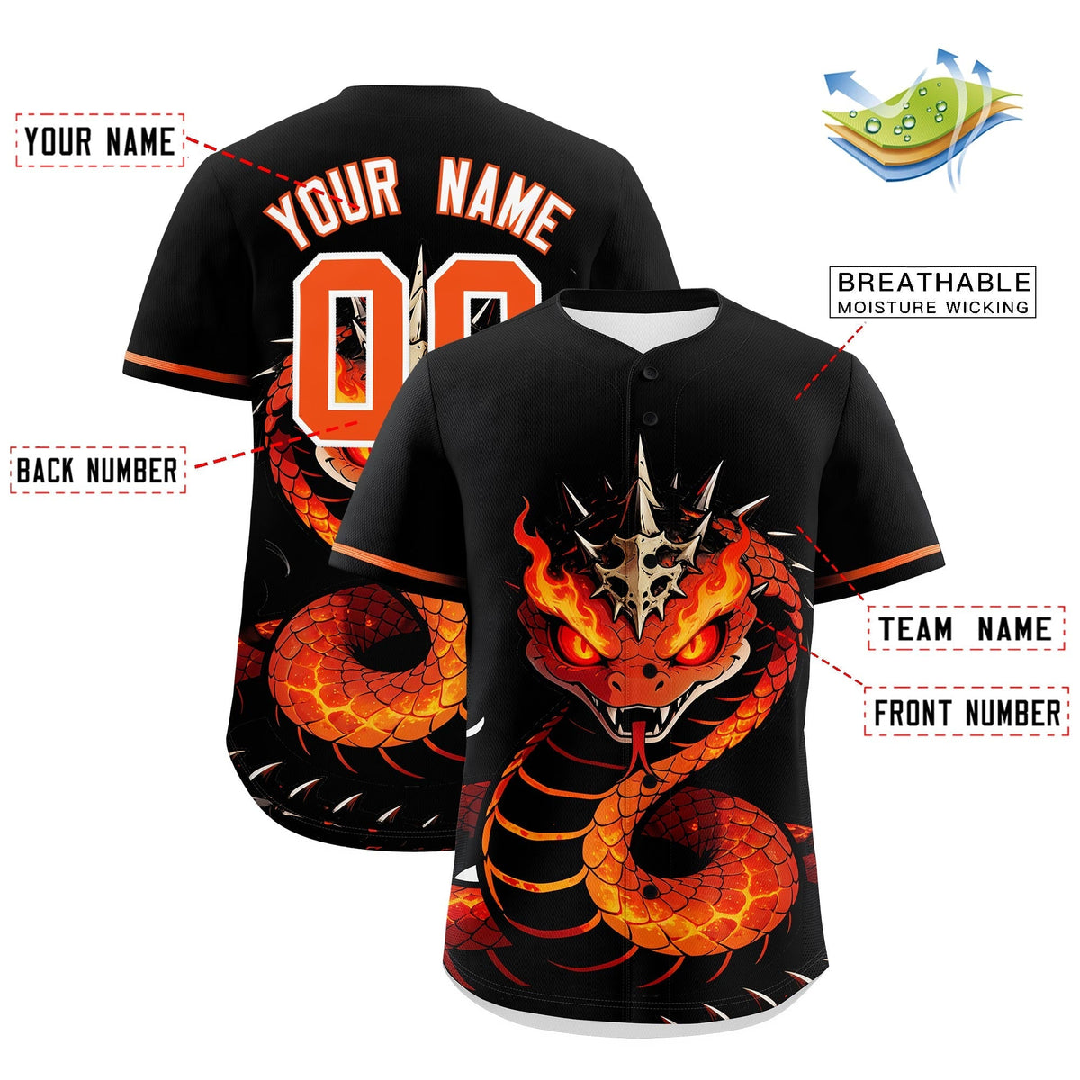 Custom Black Orange White Snake Animal Series Personalization Graffiti Pattern Baseball Jersey| KXKSHOP