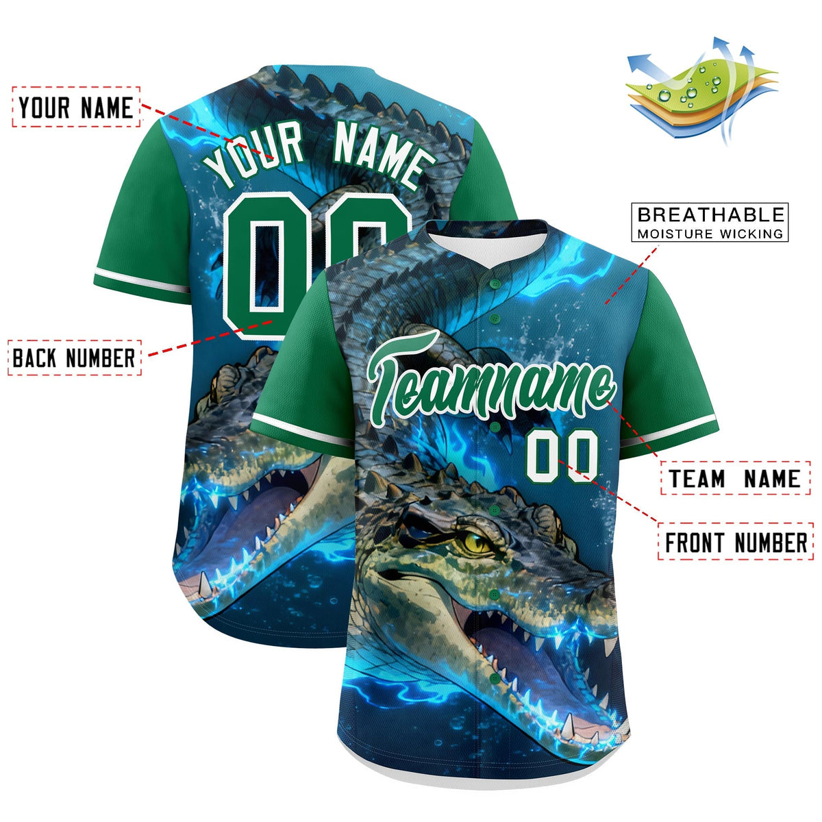 Custom Kelly Green White Crocodile Animal Series Personalization Graffiti Pattern Baseball Jersey| KXKSHOP