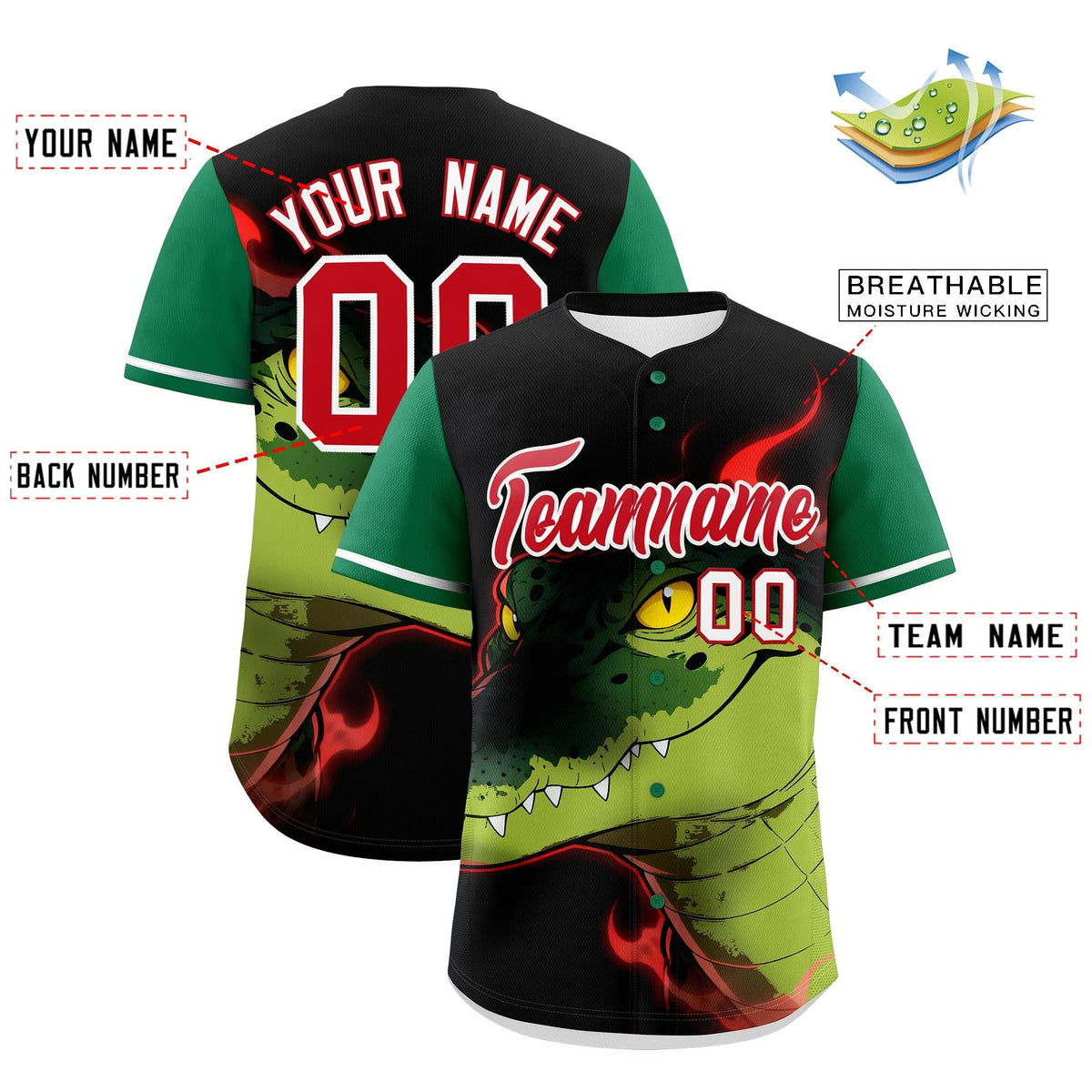 Custom Black Kelly Green Red Crocodile Animal Series Personalization Graffiti Pattern Baseball Jersey| KXKSHOP