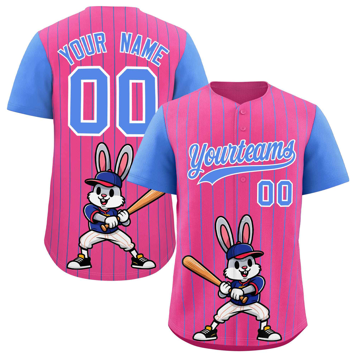 Custom Pink Light Blue Stripe Animals Graffiti Pattern Raglan Sleeves Authentic Baseball Jersey