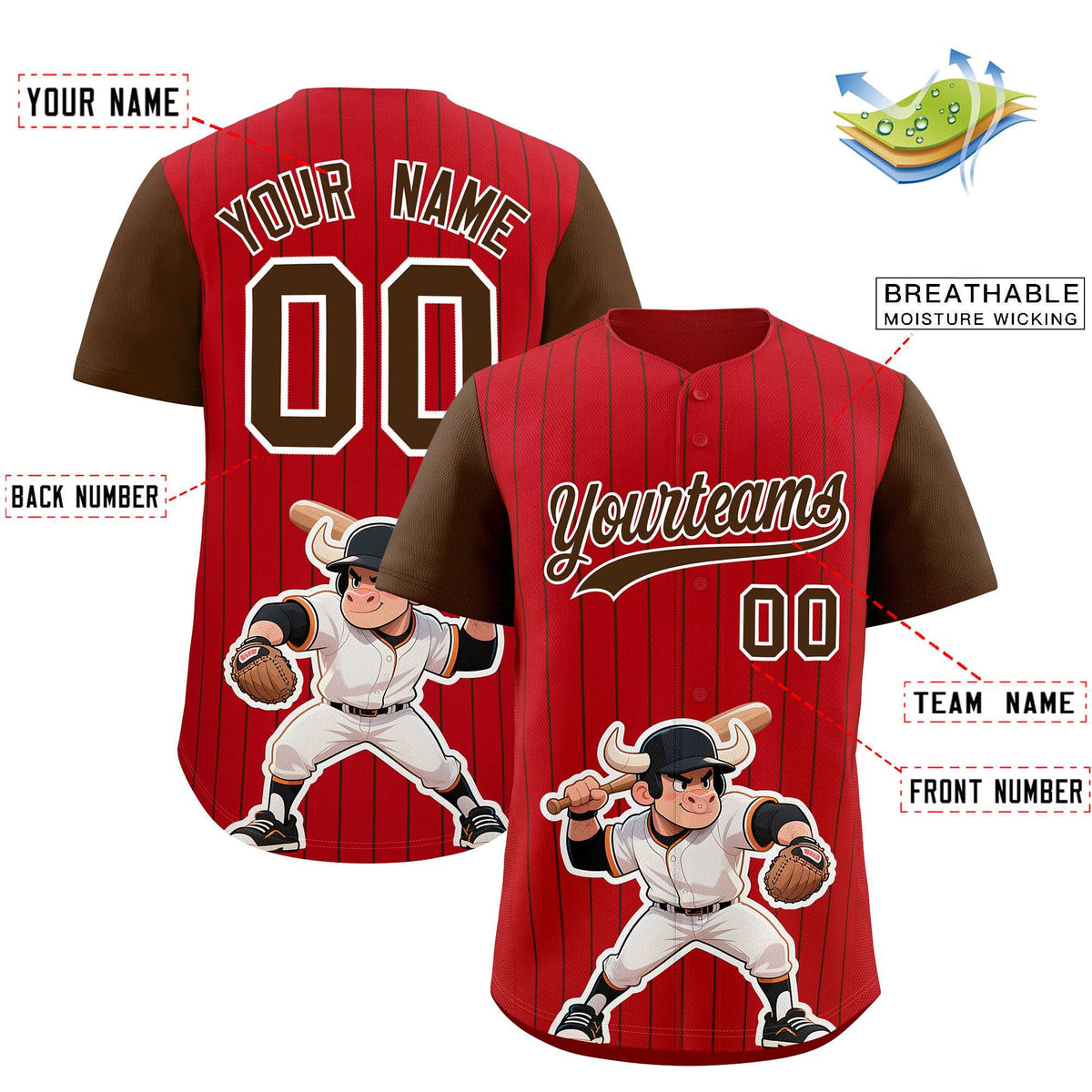 Custom Red Brown Stripe Animals Graffiti Pattern Raglan Sleeves Authentic Baseball Jersey