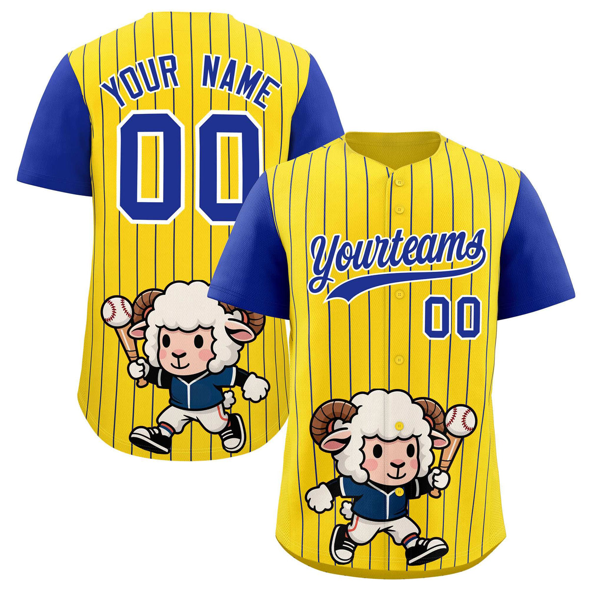 Custom Gold Royal Stripe Animals Graffiti Pattern Raglan Sleeves Authentic Baseball Jersey