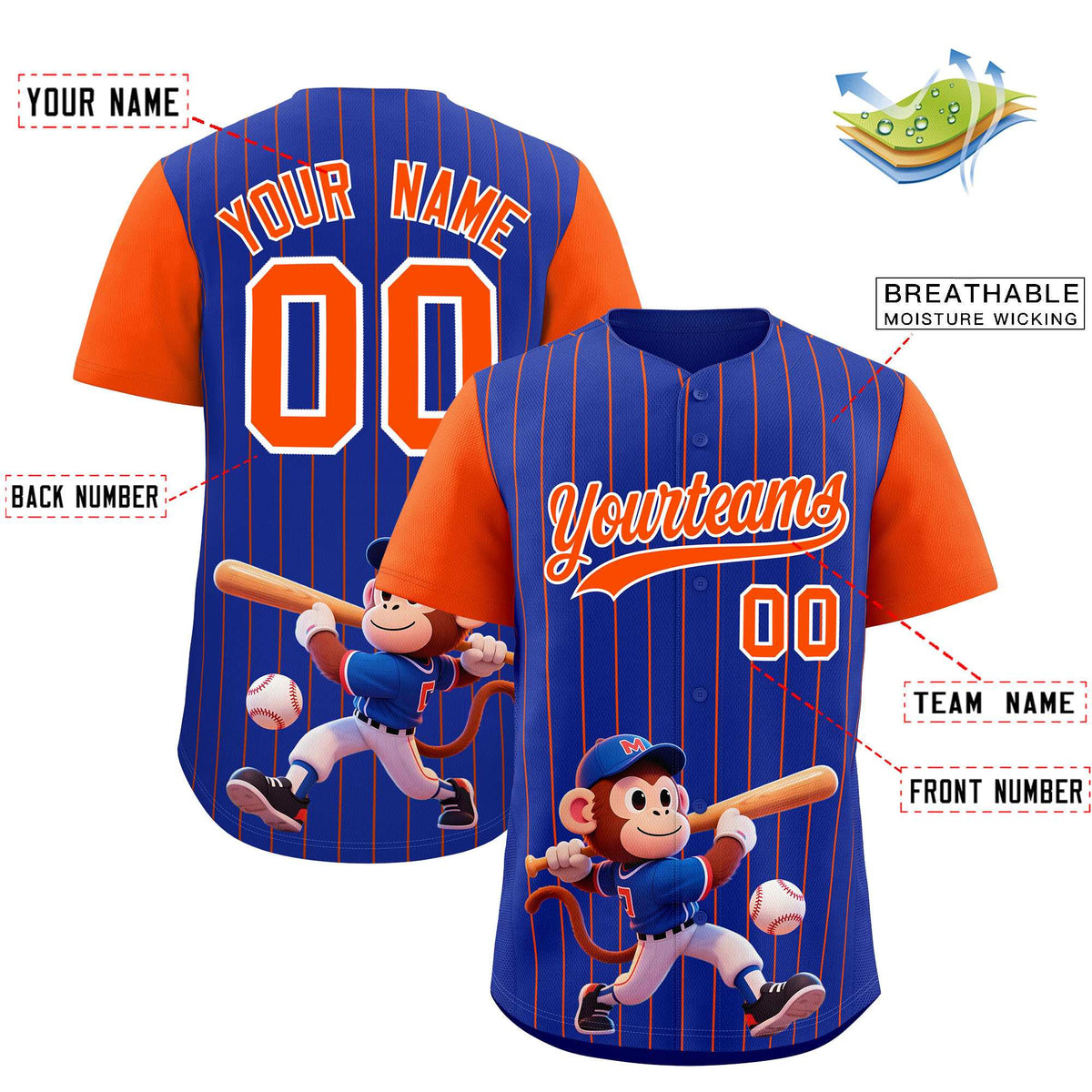 Custom Royal Orange Stripe Animals Graffiti Pattern Raglan Sleeves Authentic Baseball Jersey