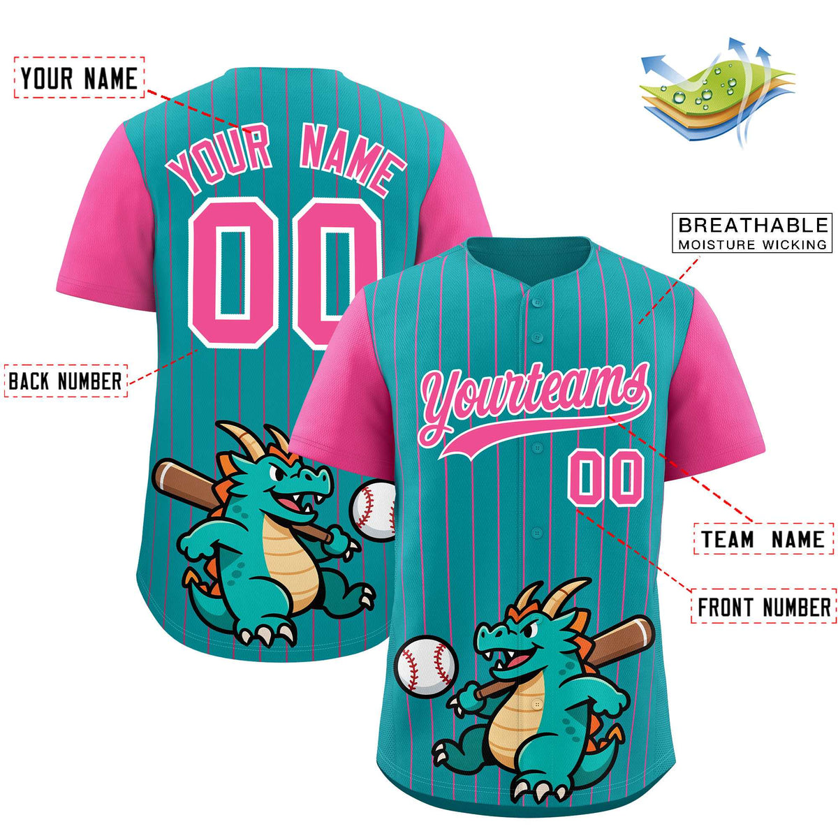 Custom Aqua Pink Stripe Animals Graffiti Pattern Raglan Sleeves Authentic Baseball Jersey