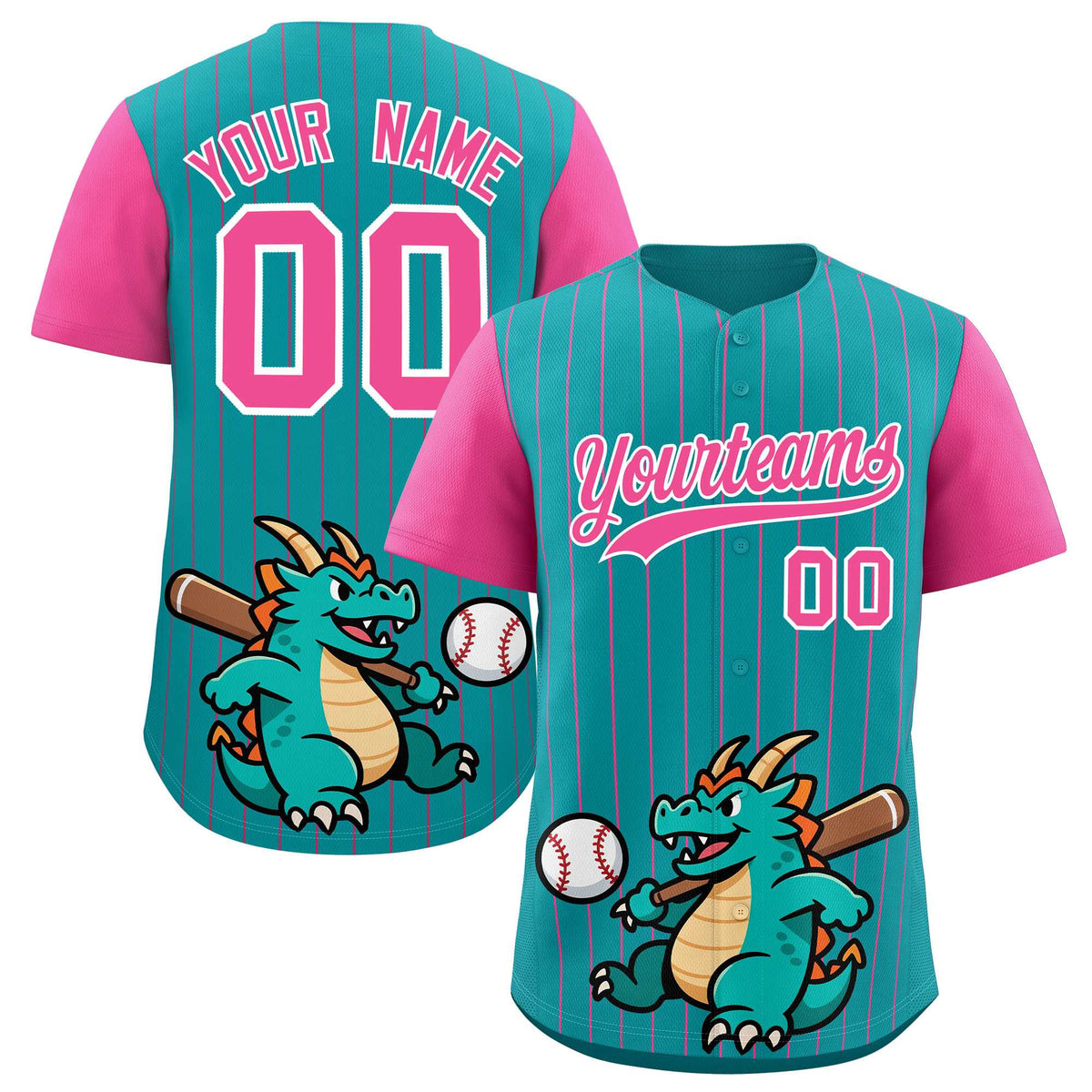 Custom Aqua Pink Stripe Animals Graffiti Pattern Raglan Sleeves Authentic Baseball Jersey