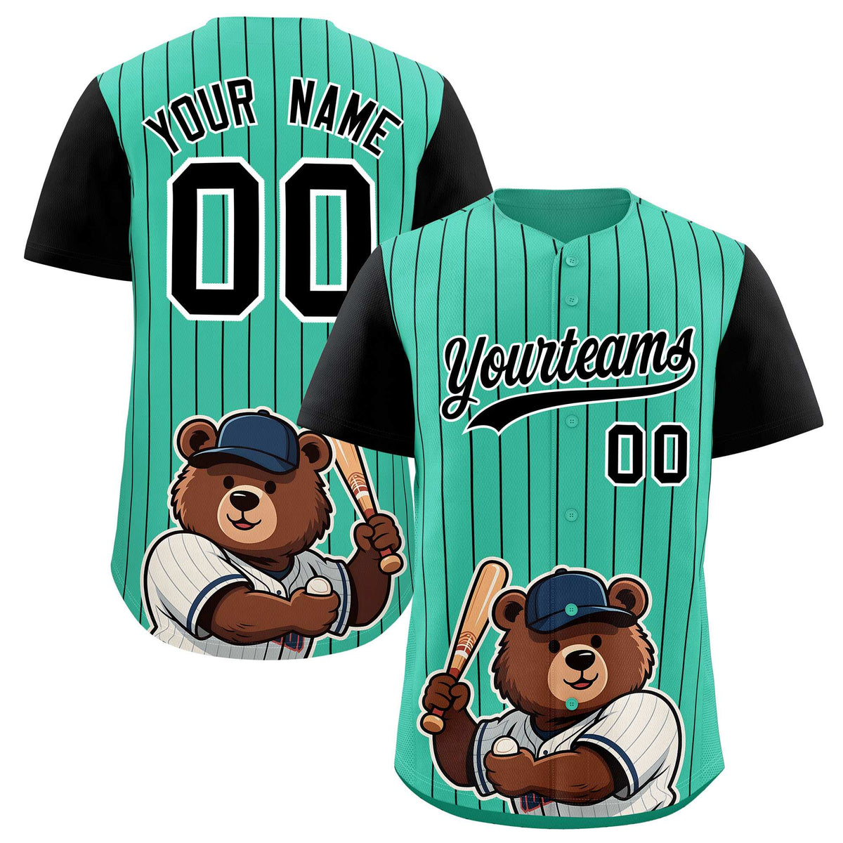 Custom Bright Green Black Stripe Animals Graffiti Pattern Raglan Sleeves Authentic Baseball Jersey