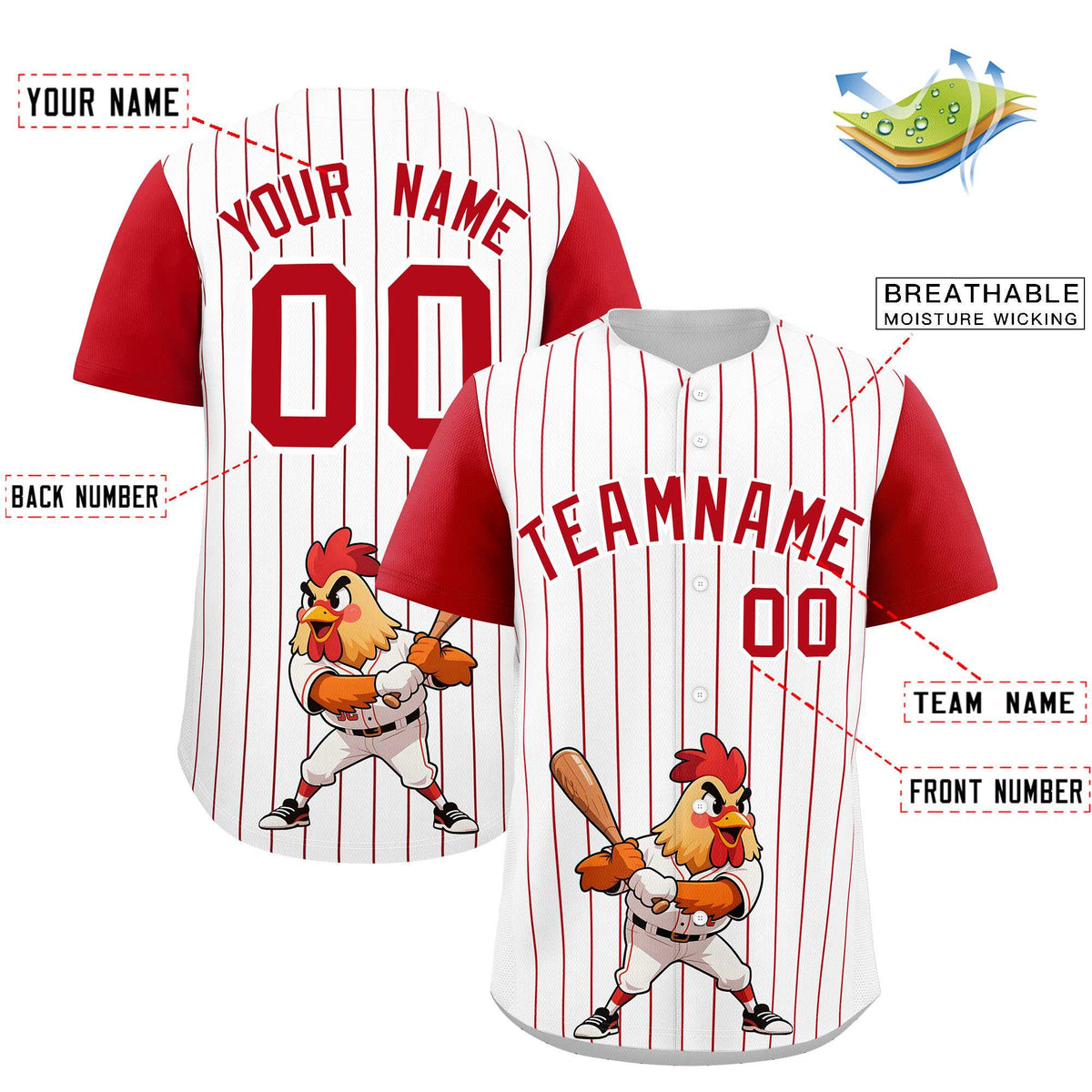 Custom White Red Stripe Animals Graffiti Pattern Raglan Sleeves Authentic Baseball Jersey