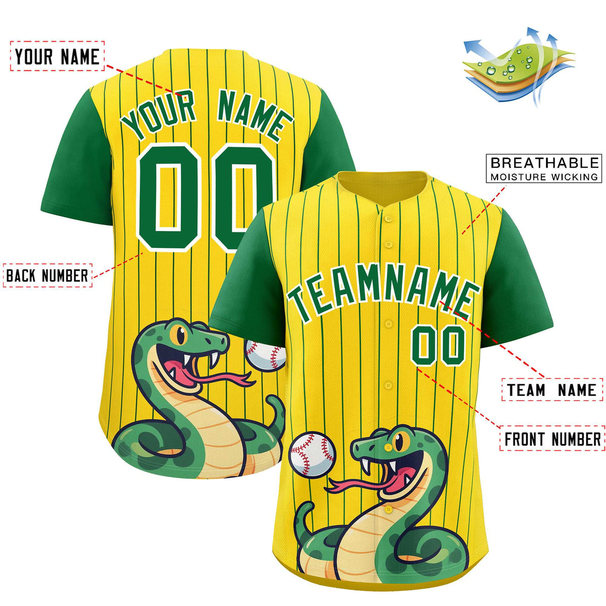 Custom Gold Kelly Green Stripe Animals Graffiti Pattern Raglan Sleeves Authentic Baseball Jersey