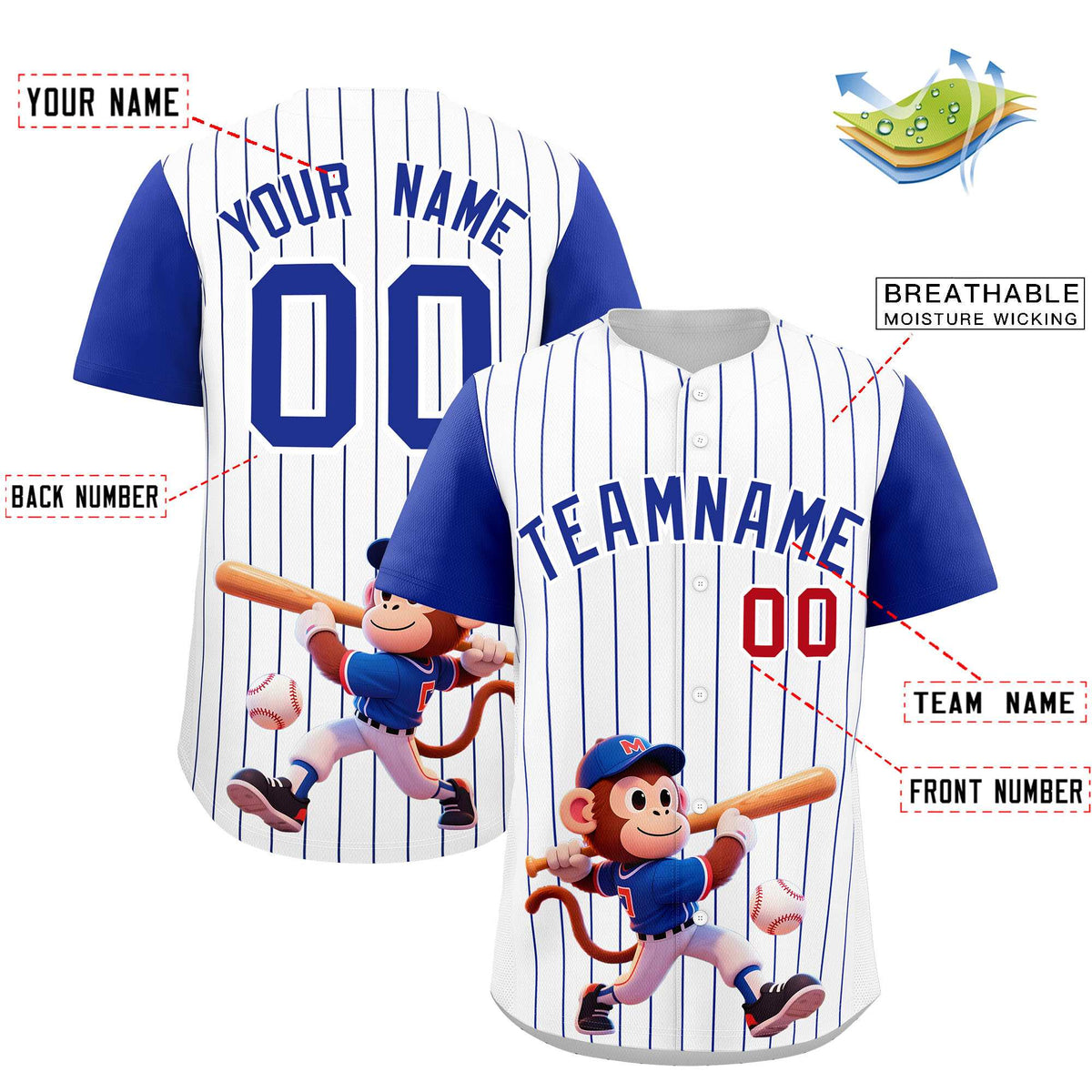 Custom White Royal Stripe Animals Graffiti Pattern Raglan Sleeves Authentic Baseball Jersey