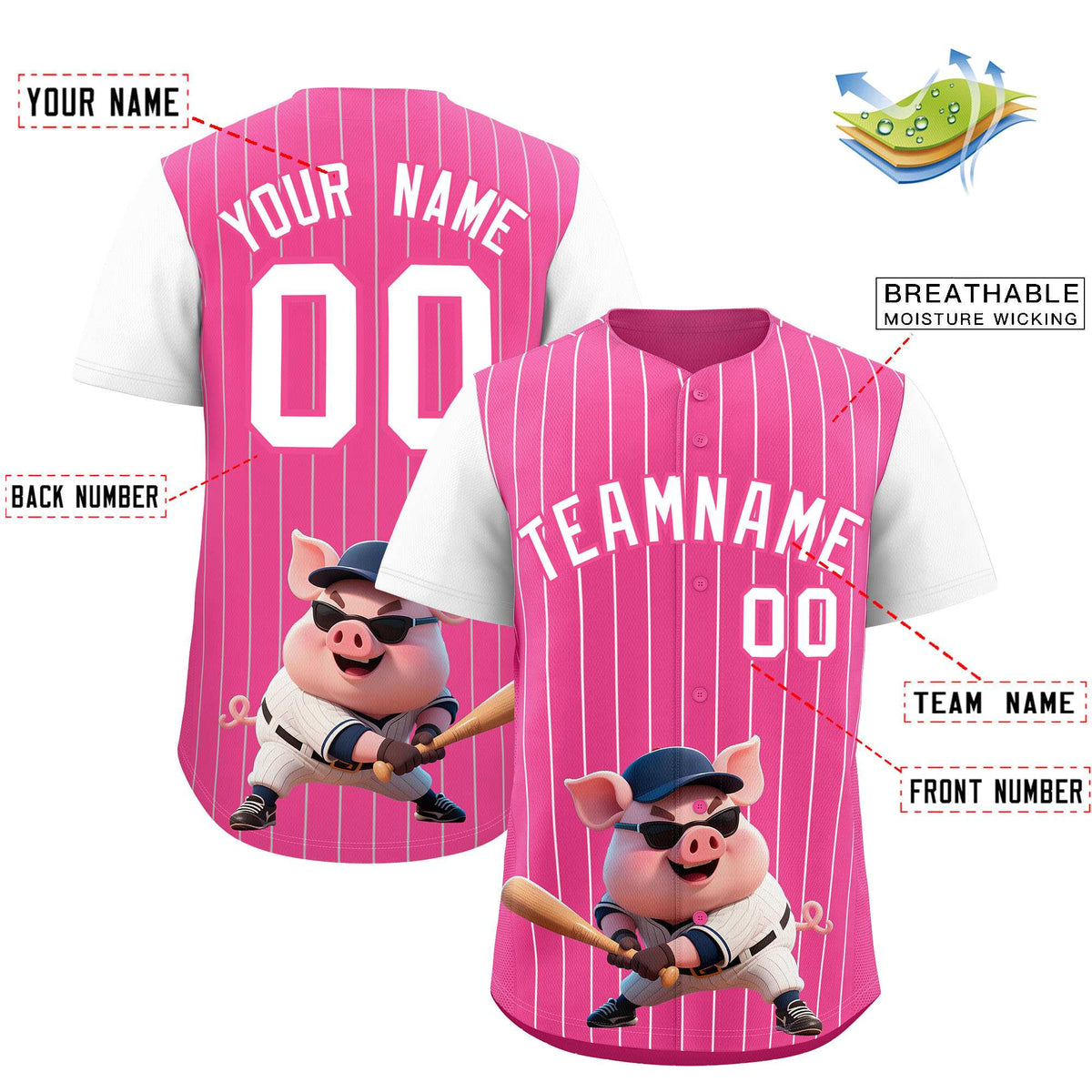 Custom Pink White Stripe Animals Graffiti Pattern Raglan Sleeves Authentic Baseball Jersey