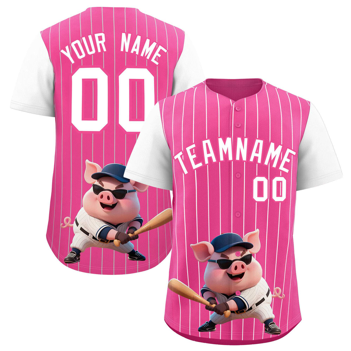 Custom Pink White Stripe Animals Graffiti Pattern Raglan Sleeves Authentic Baseball Jersey